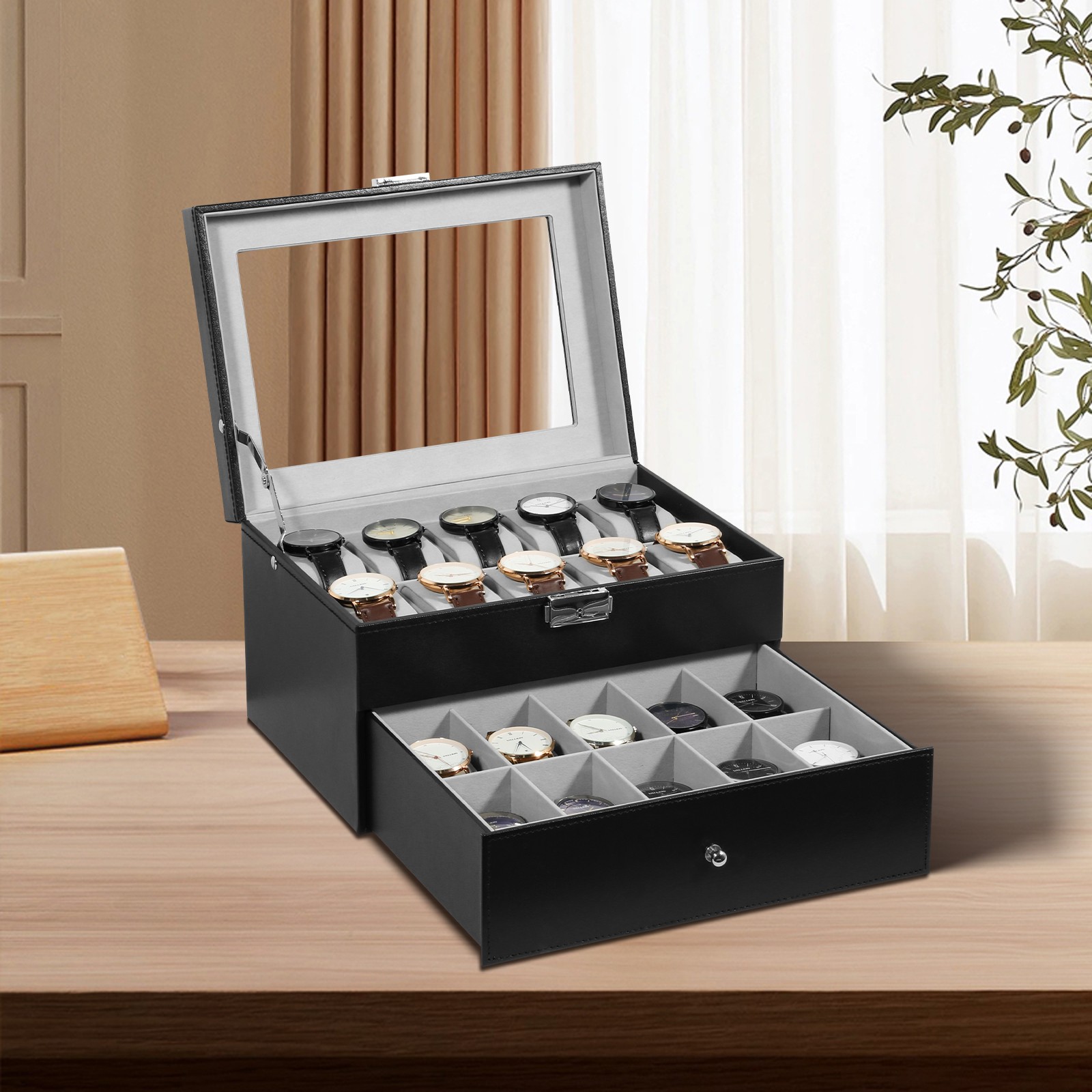20 Slots Watch Box PU Leather Watch Case Lockable Jewelry Storage Display Case