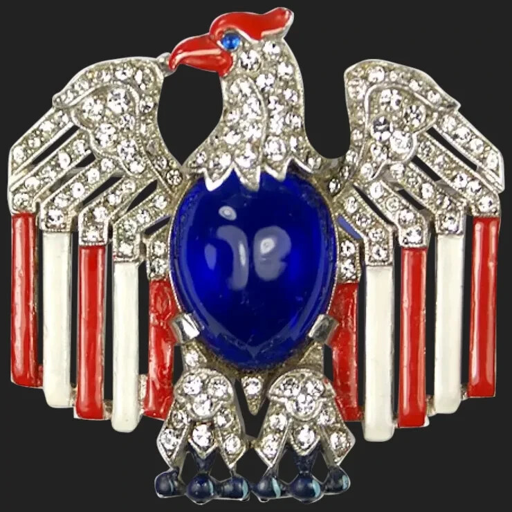 TRIFARI Alfred Philippe WW2 US Patriotic Enamel & Cabochon Belly Eagle Pin