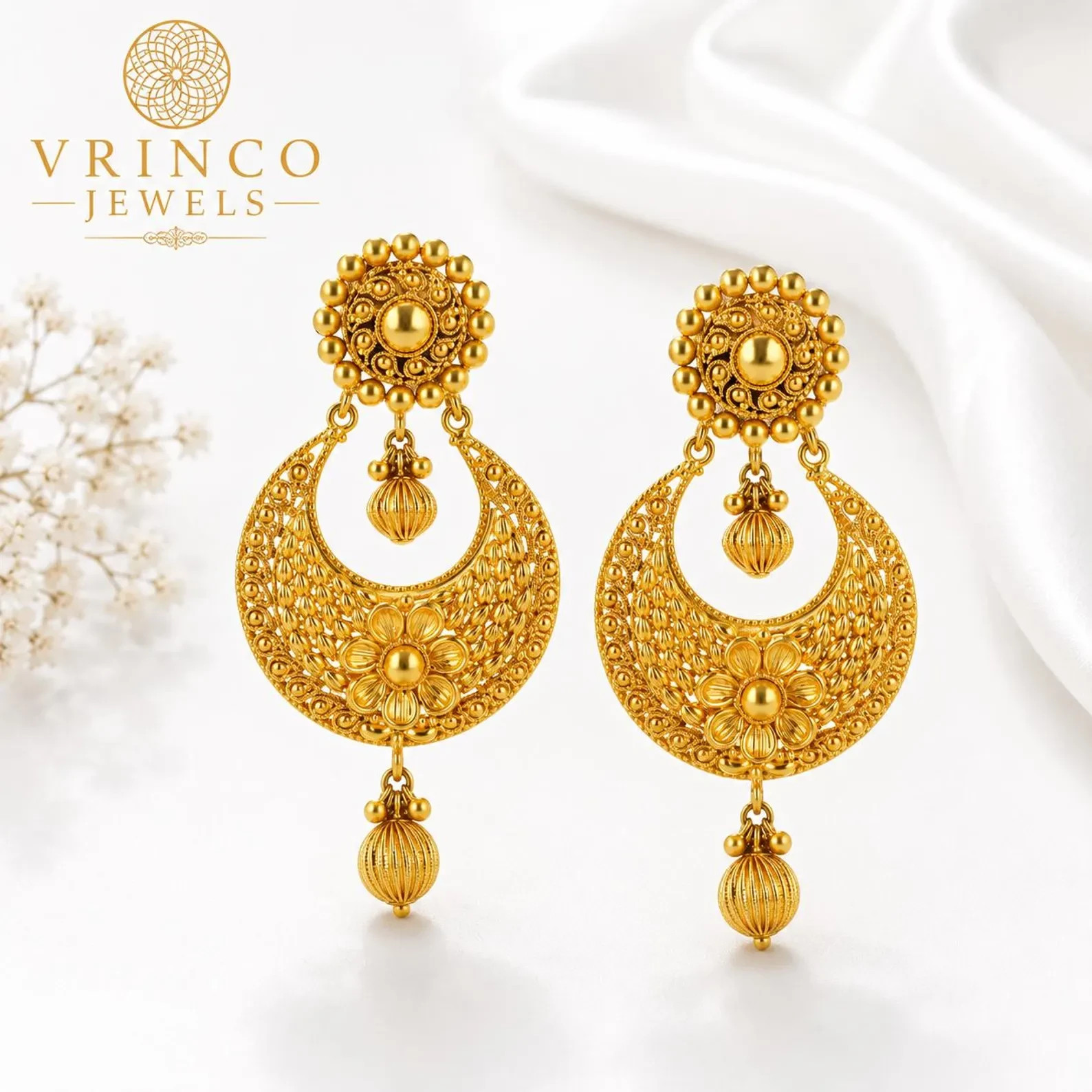 Ladon 22KT Hallmarked Yellow Gold Statement Earrings Traditional Long Luxury Jew