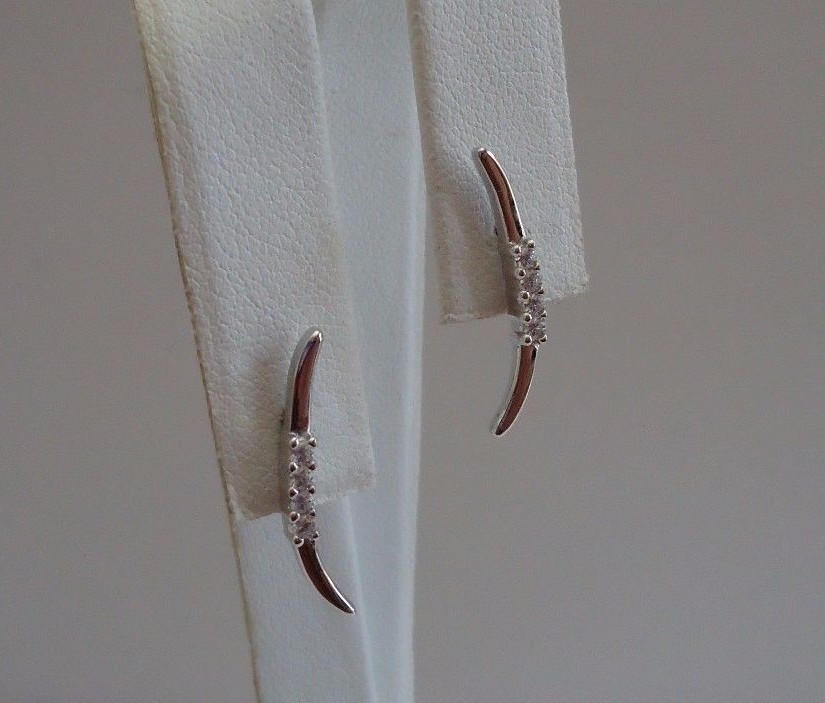 925 STERLING SILVER MODERN STUD EARRINGS W/ .25 CT ACCENTS / 21MM BY 3MM