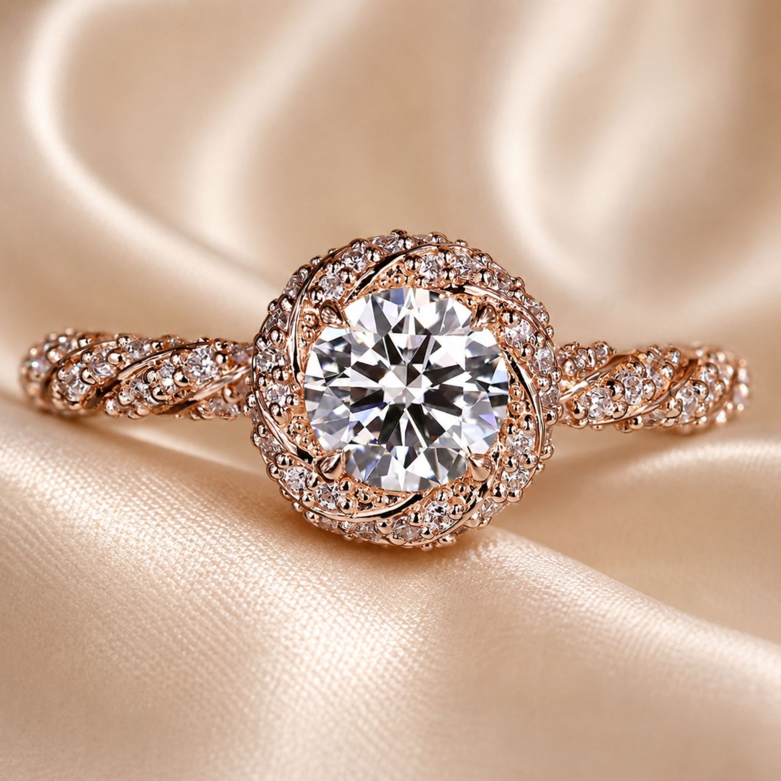 1.00 CT Sterling Silver Round Cut Diamond Ring in Halo Style with Twisted Design