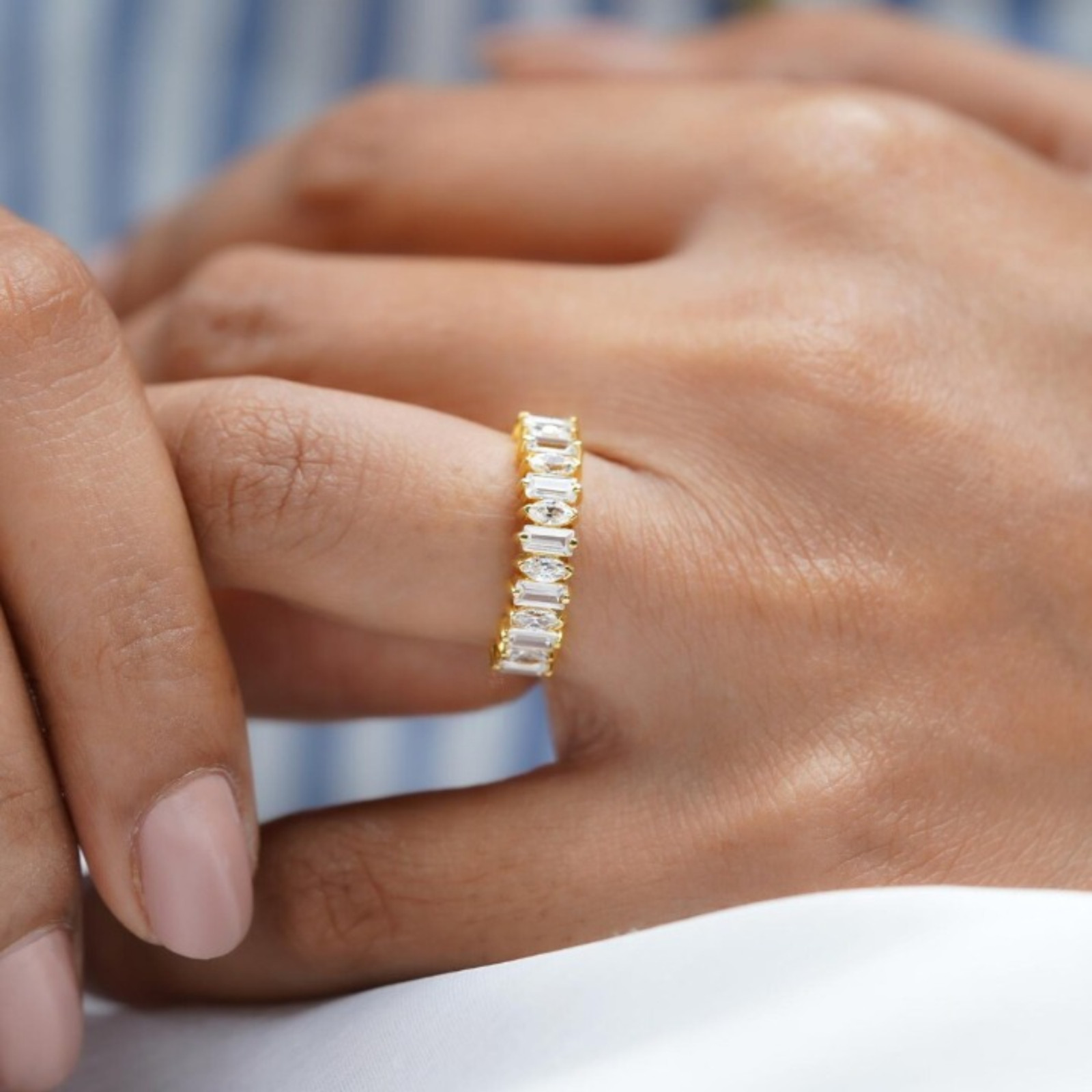 Solid 14k Yellow Gold 2.50mm Baguette & Marquise Lab Grown Diamond Wedding Band