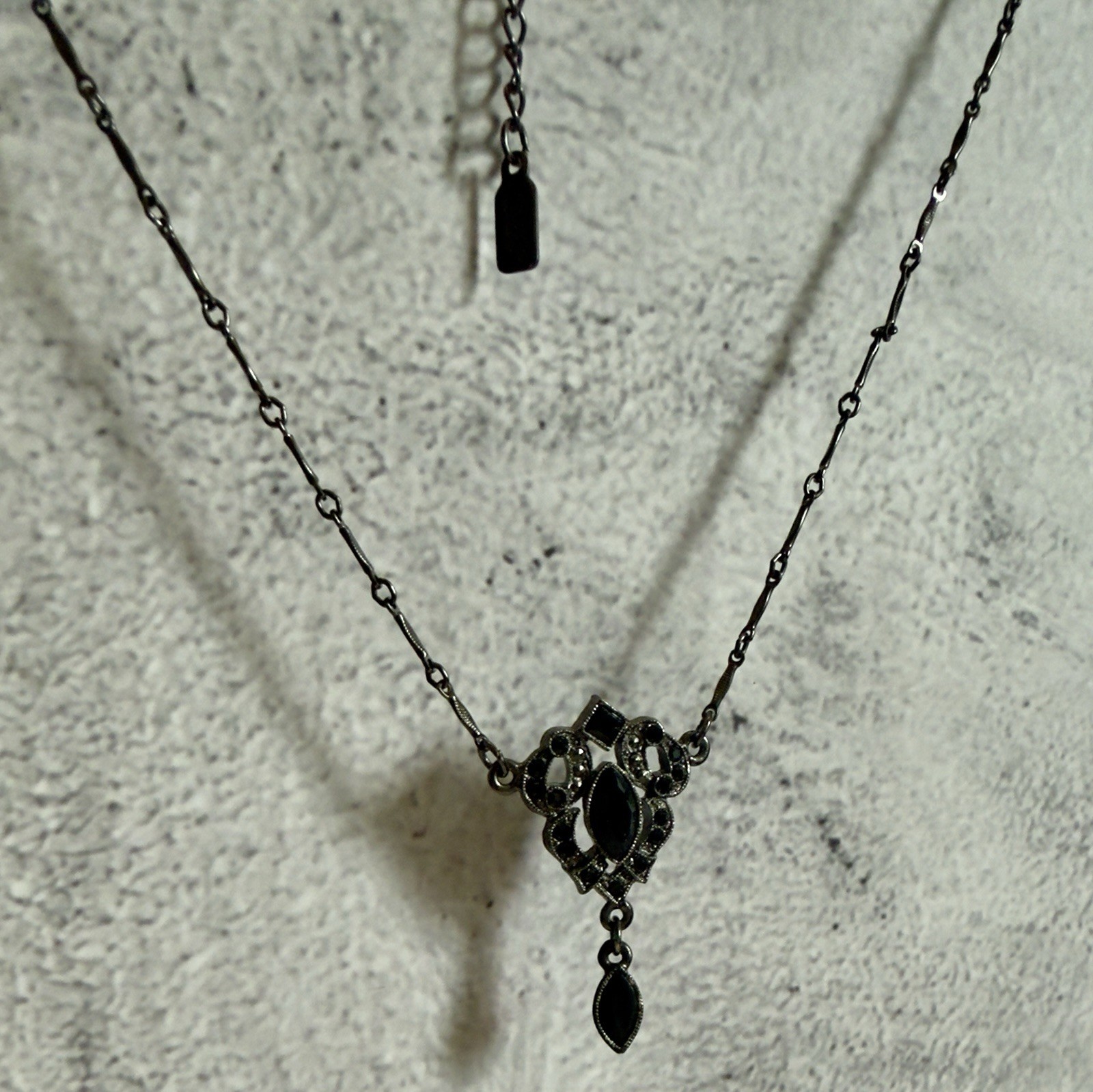 VTG 1928 Jewelry Co Black Rhinestone Marquise Y Drop Necklace Gunmetal Gothic