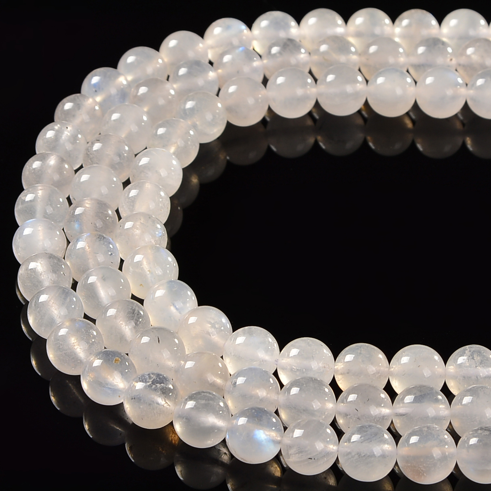 Translucent White Rainbow Moonstone Smooth Round Beads 7.5mm – 12mm 15.5” Strd