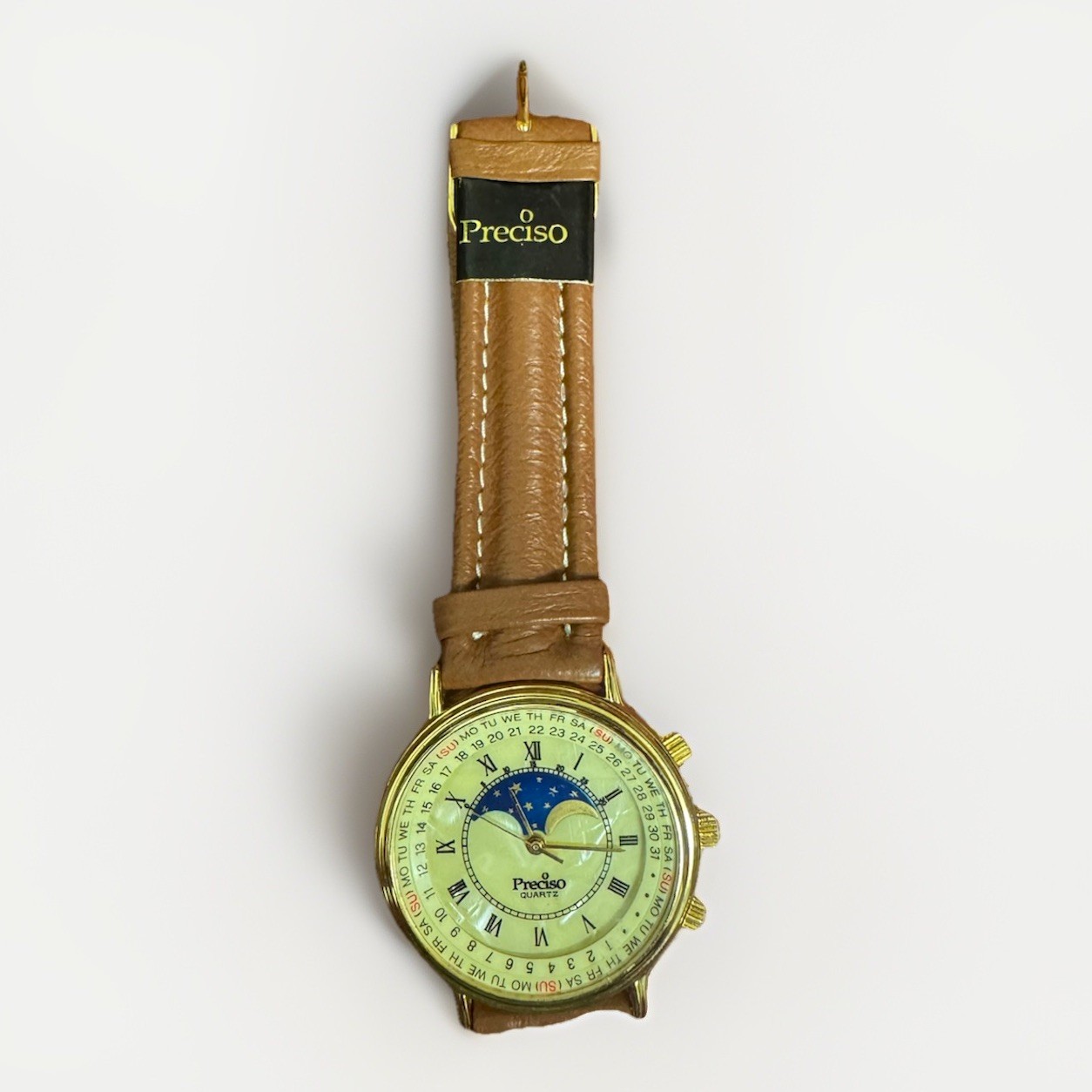 Preciso Quartz Calendar Moon Phase Quartz Watch Hour Unisex Mother of Pearl Dial