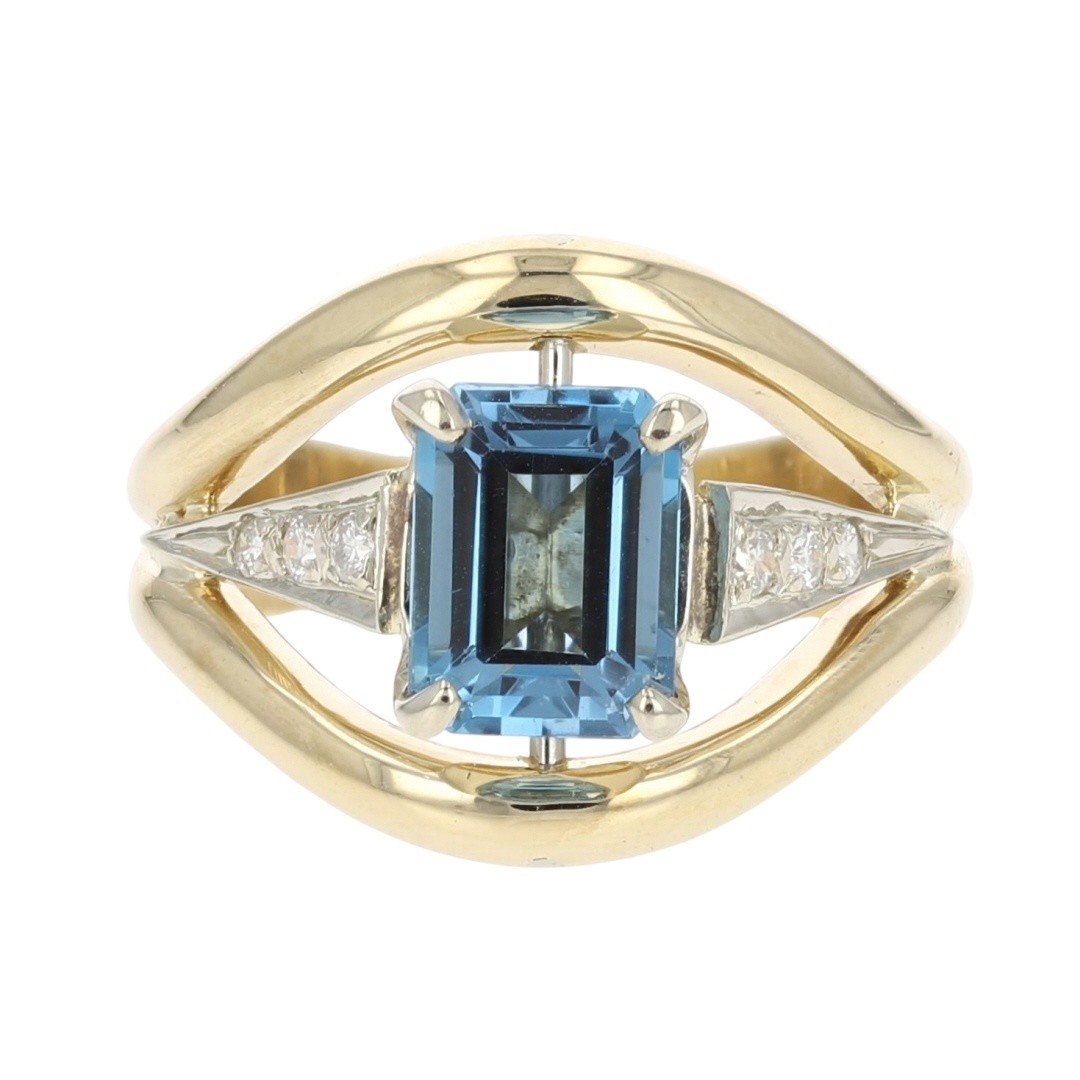 1.94ctw Emerald Cut Blue Topaz with Diamond Ring 14k Multi-Tone Gold Size 5.5