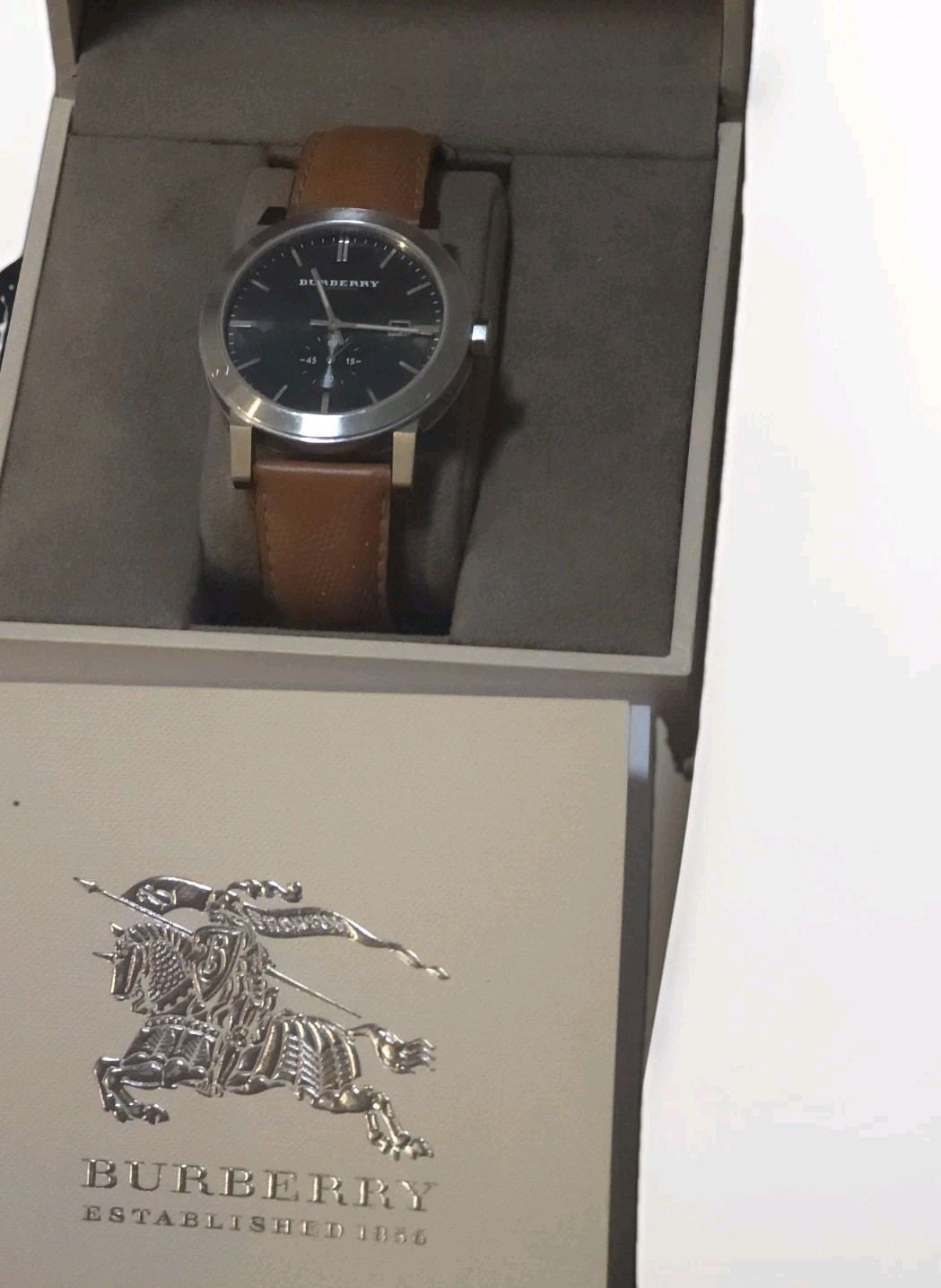 Burberry BU9905 The City Swiss Sapphire Black Dial Brown Leather Box Papers