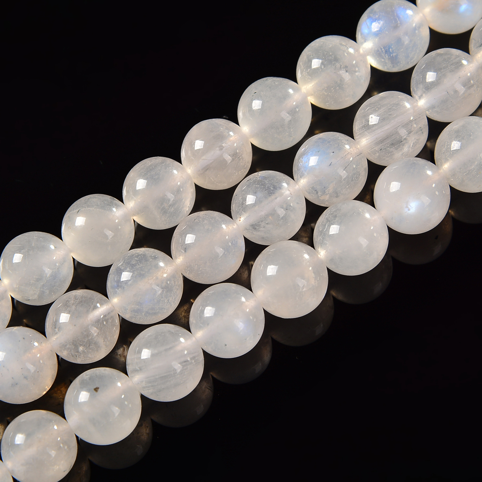 Translucent White Rainbow Moonstone Smooth Round Beads 7.5mm – 12mm 15.5” Strd
