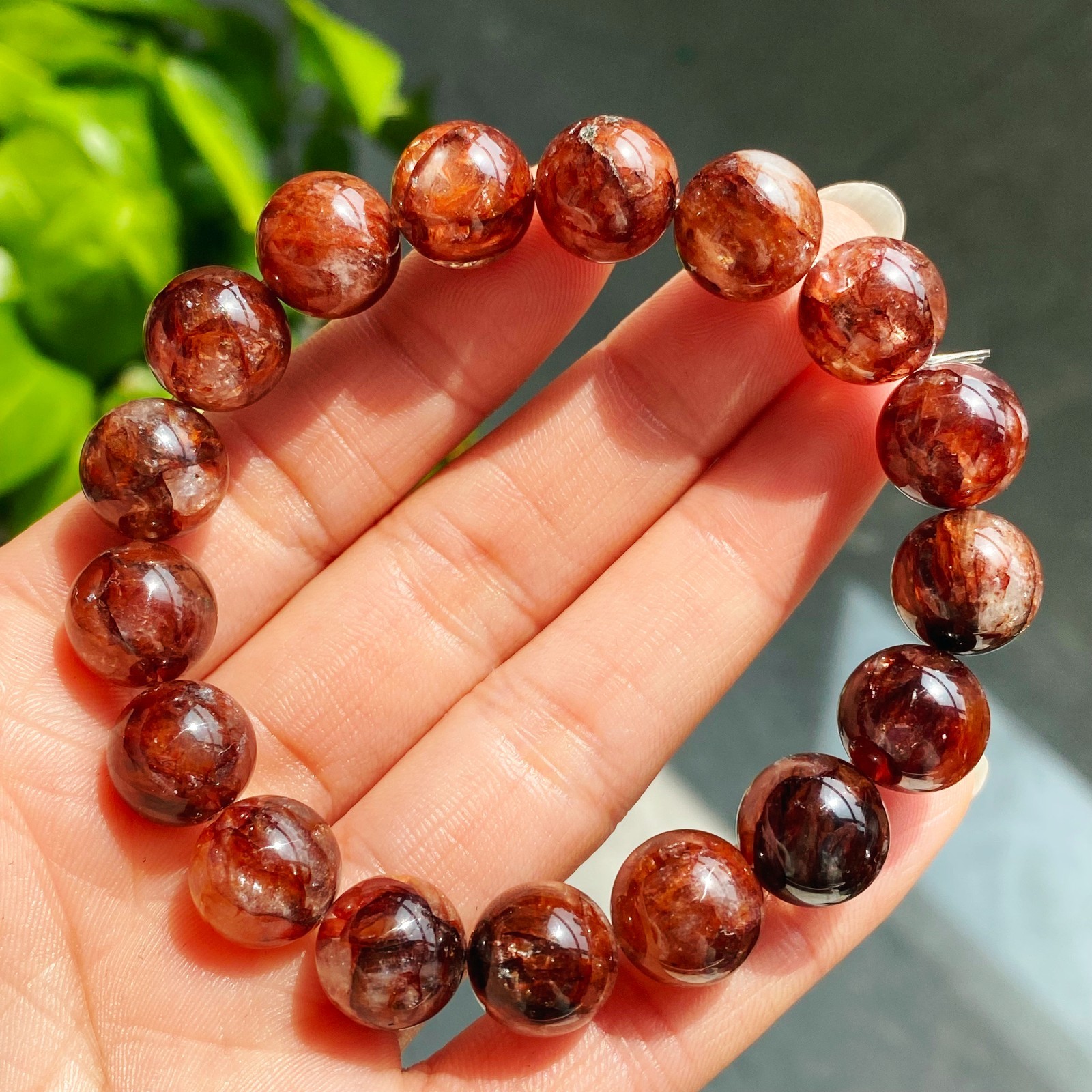 11.8mm Natural Red Multi-inclusions Phantom Quartz Crystal Beads Bracelet 2909