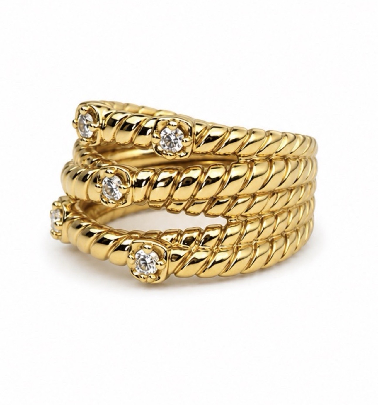 14K Gold Plated Rhodium Finish Rope Twist CZ Stone Stackable Ring Statement