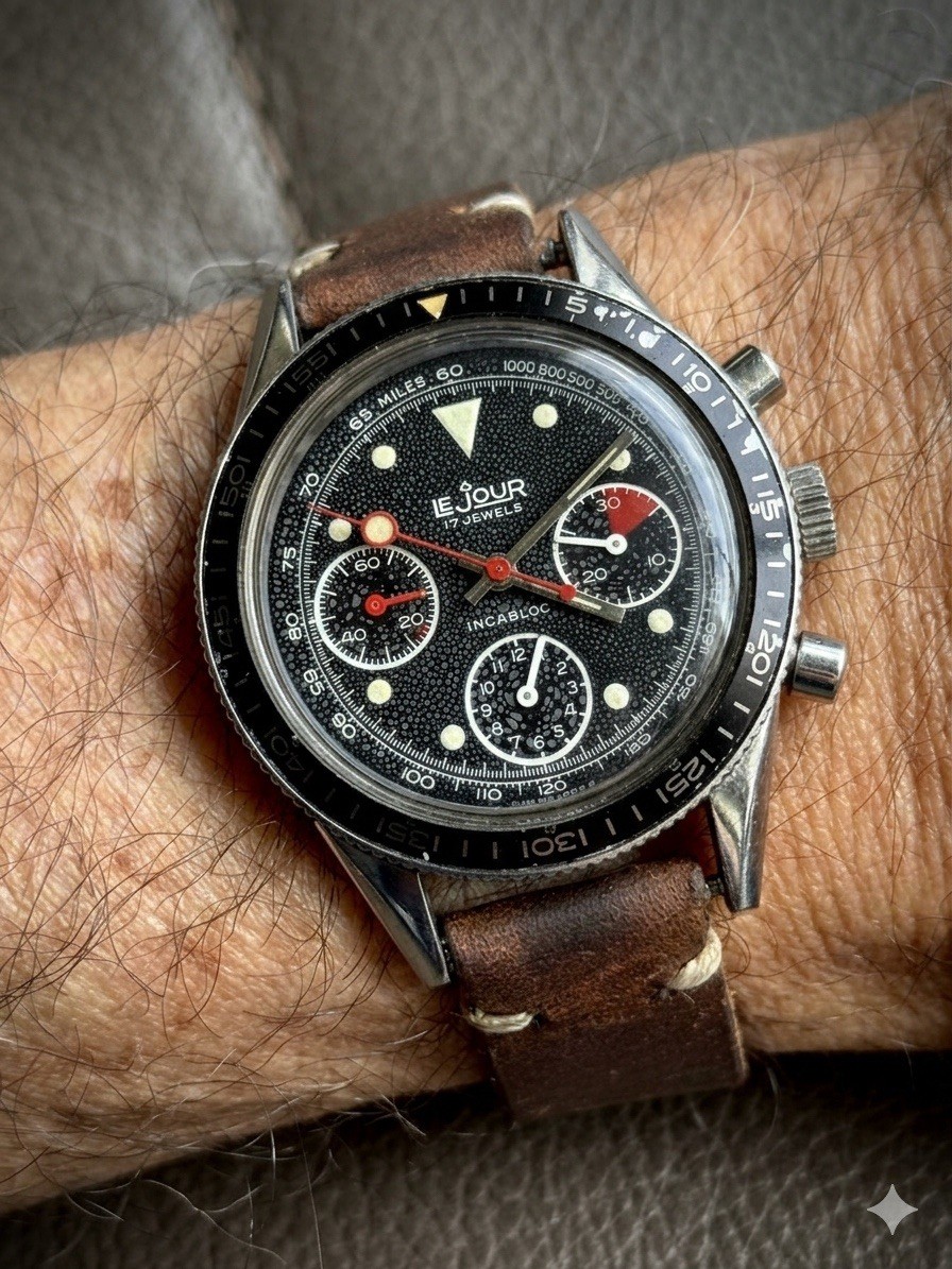 Vintage Chronograph Valjoux 3Reg LeJour 70s Watch 39mm JP Pingouin C O Swiss