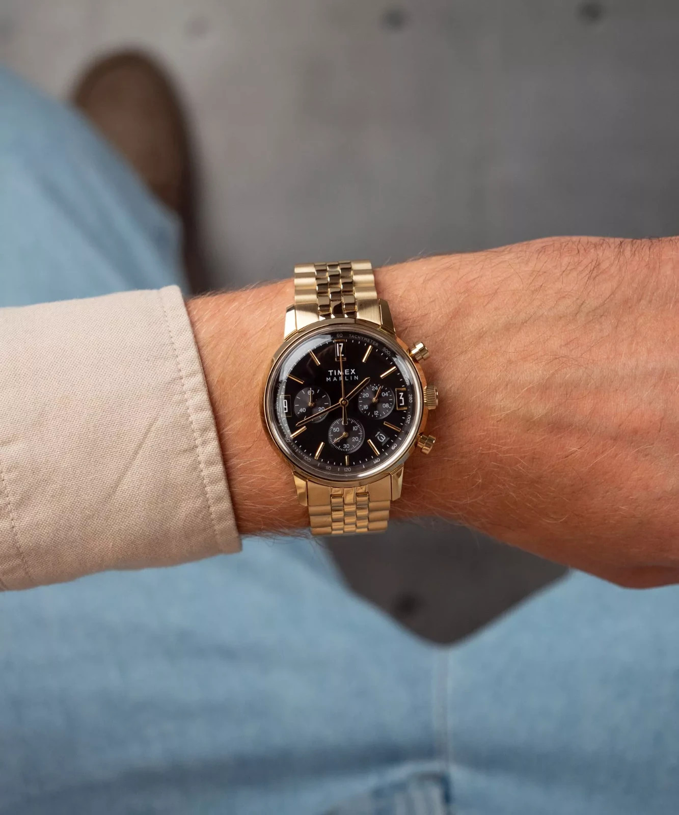Timex Marlin TW2W59900 Men’s Black Dial Gold-Tone Chronograph Bracelet Watch New
