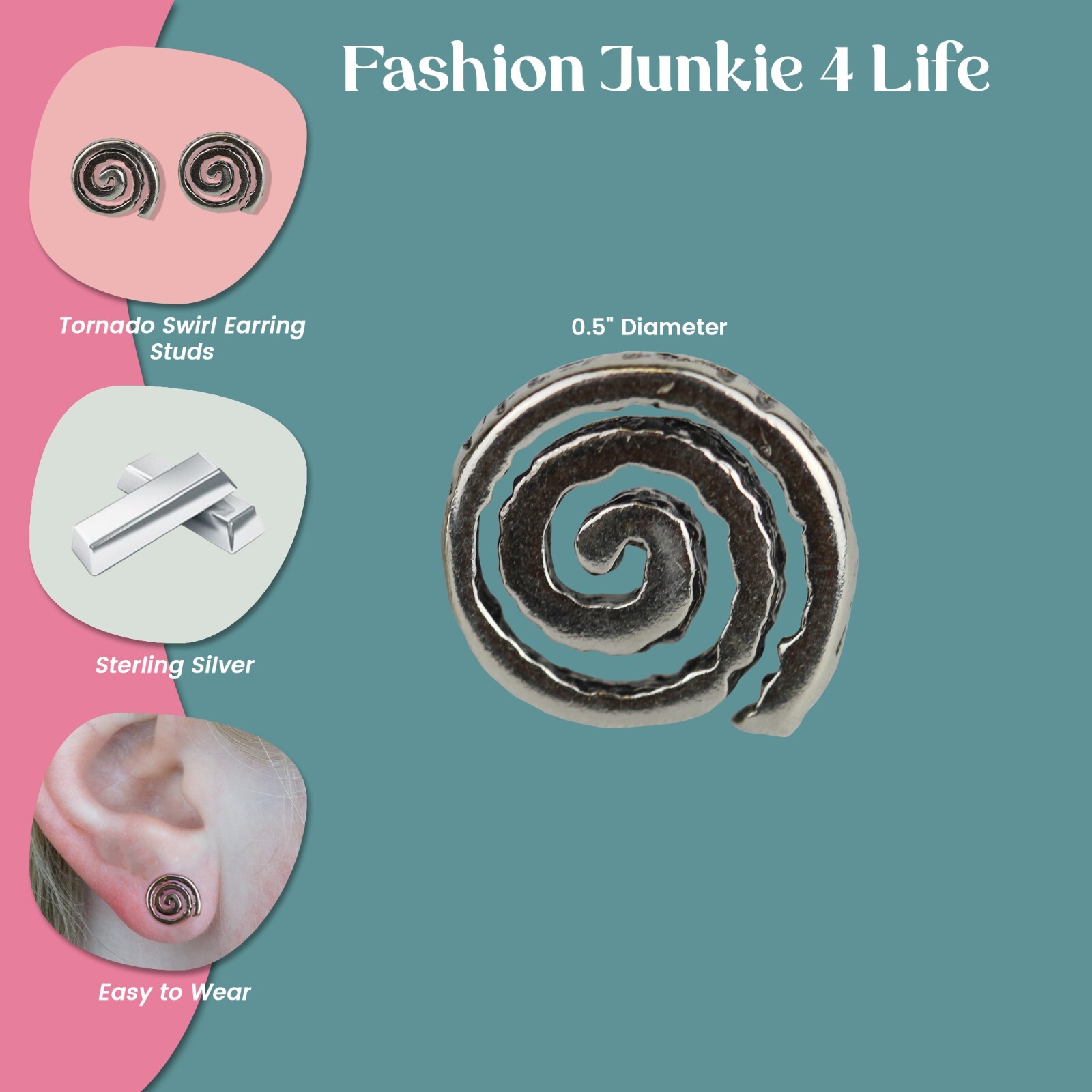 FashionJunkie4Life Sterling Silver Tornado Swirl Stud Earrings | 0.5 inch Spiral