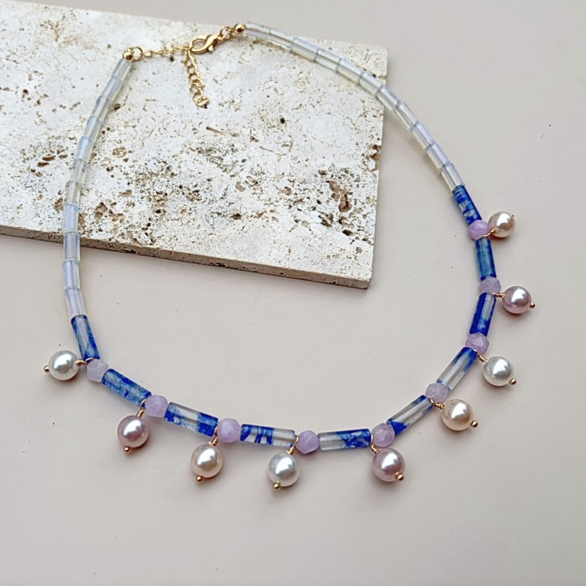 Soft Moon Symphony Necklace | Blue Crystal Quartz Necklace | Pearl Beaded Neckla