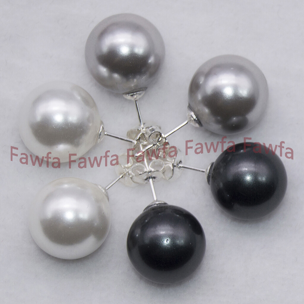 3 Pairs 8/10/12/14mm White Gray Black Round Shell Pearl Silver Stud Earrings