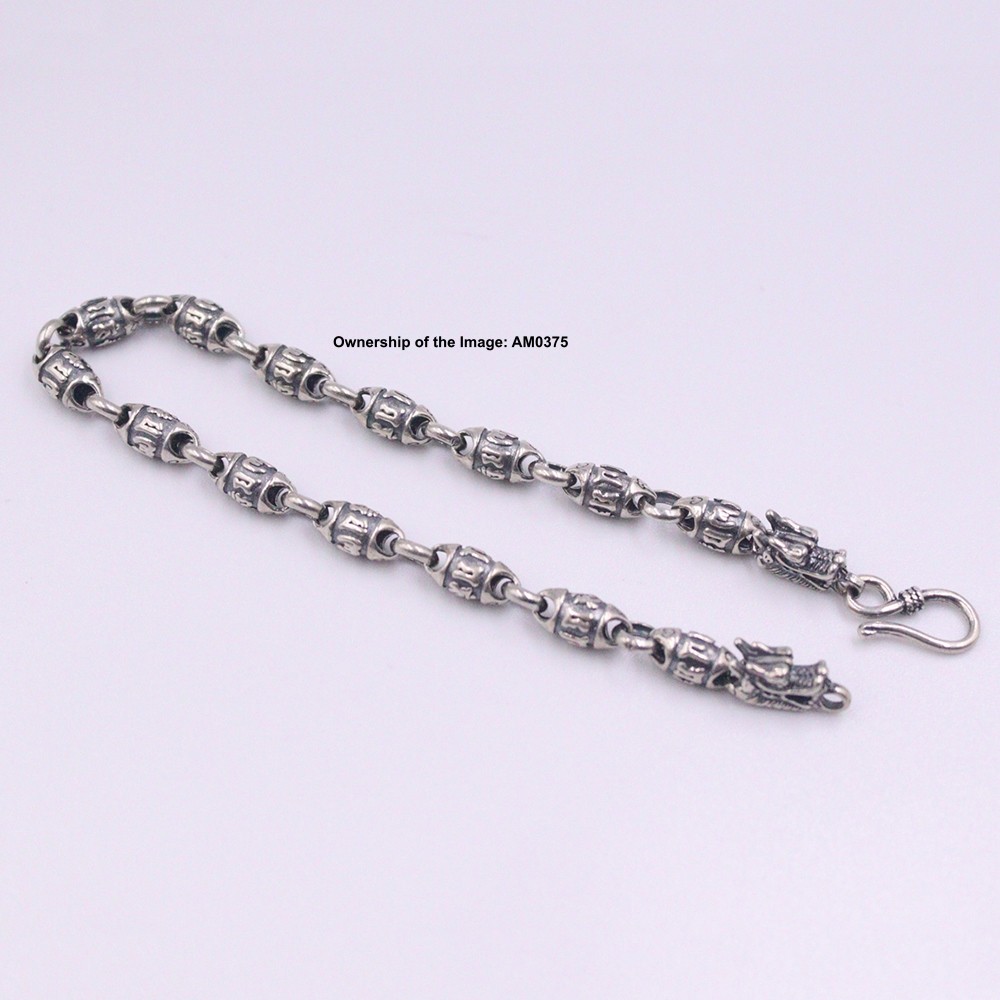 Solid 925 Sterling Silver Bracelet Six-Word Oval Bead Link Men Chain 8.26inch