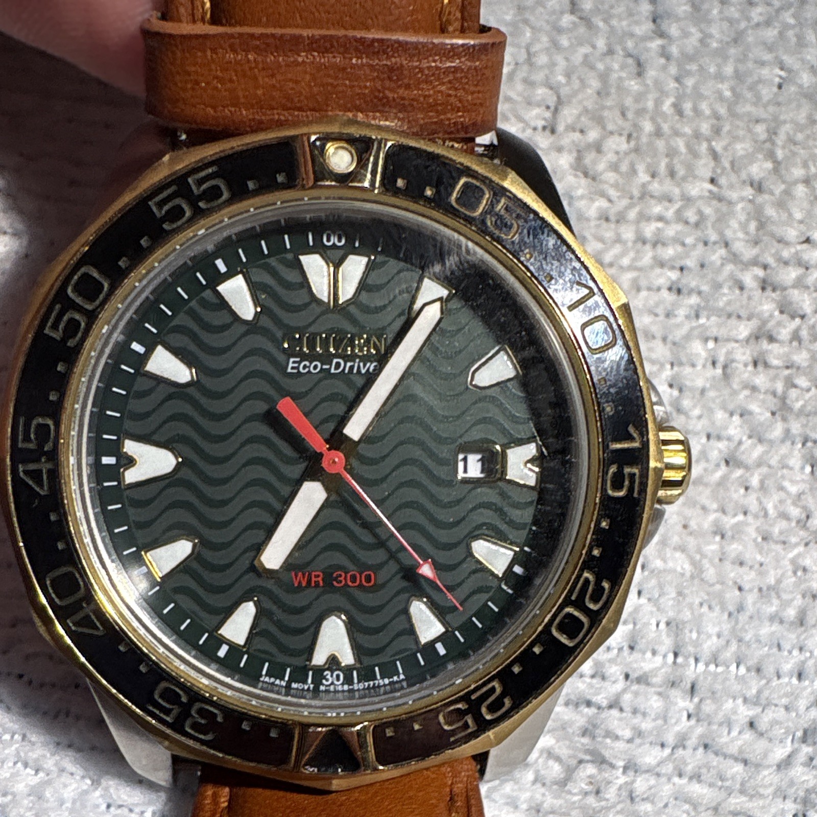 Citizen Eco-Drive Diver 300m Black Wave Dial Date Brown & Black Leather Strap