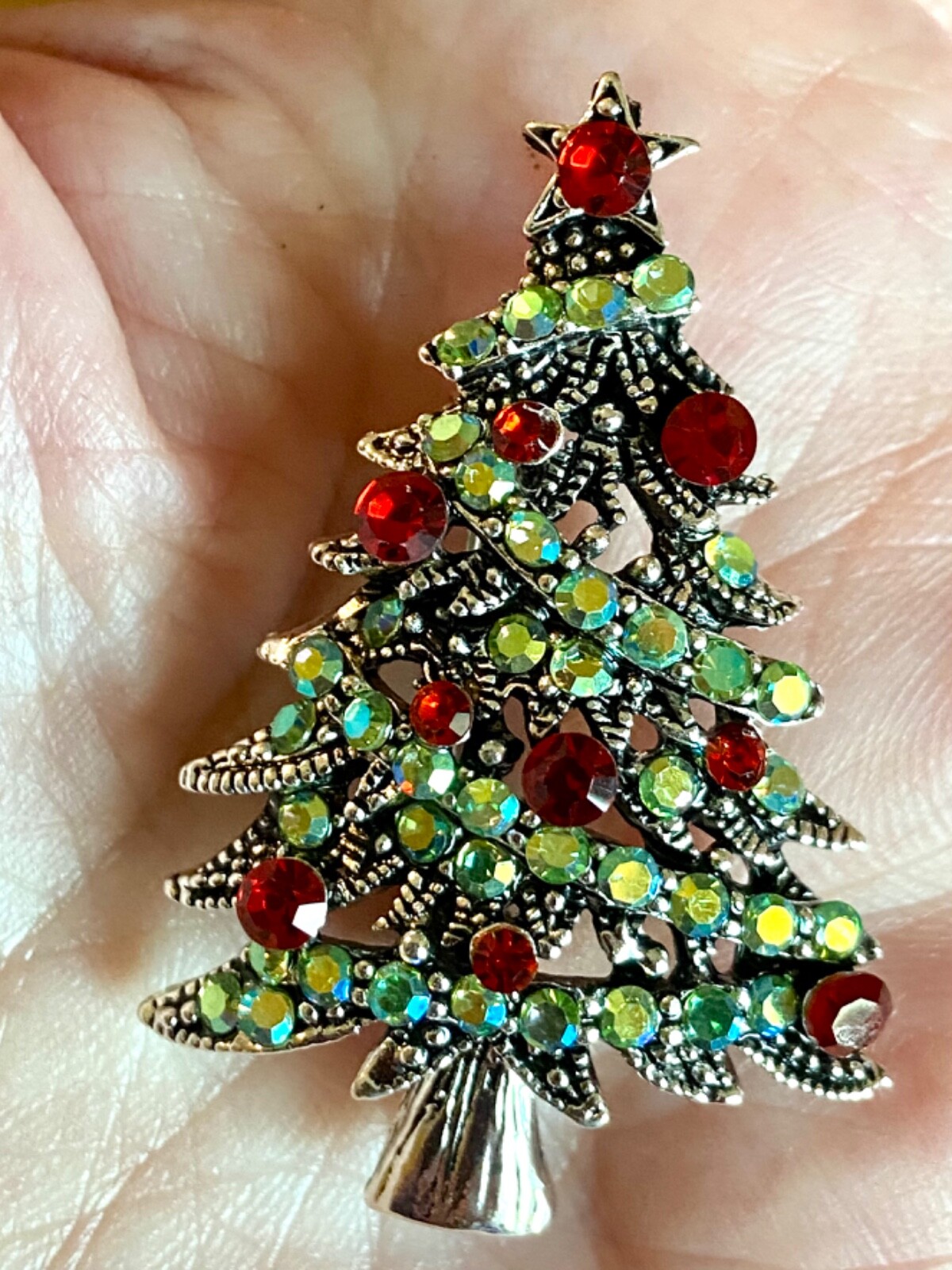 Green AB Rhinestone Christmas Tree Brooch 1.8X1.2 inches