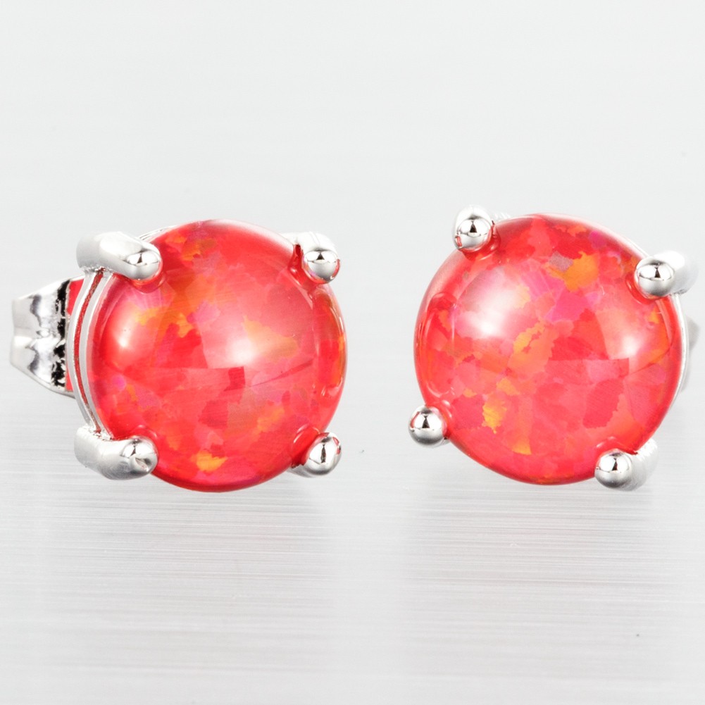 8mm Round Red Fire Opal Cabochon Silver Jewelry Simple Stud Earrings
