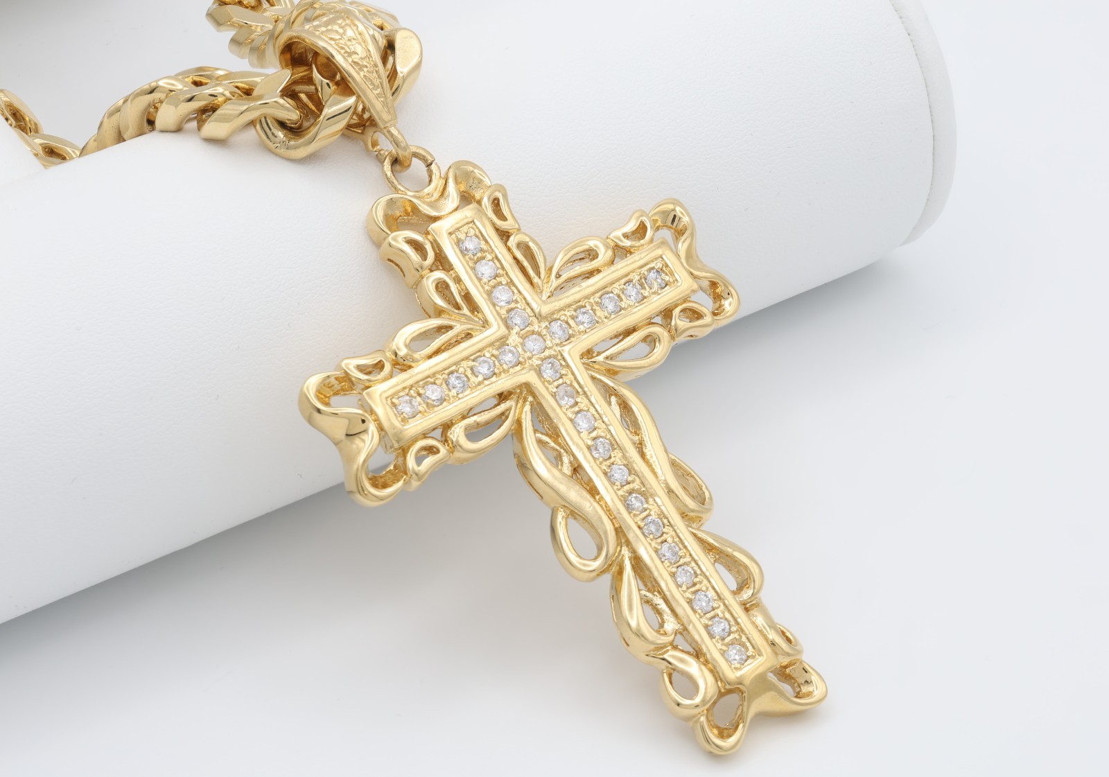 Large Gold CZ Cross Pendant Necklace, 14k Plated, 10mm Cuban Chain Men’s/Women’s