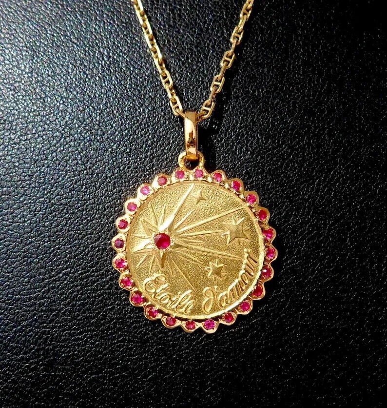 Vintage 1.50Ct Round Lab Created Ruby Love AUGIS Pendant 14K Yellow Gold Finish