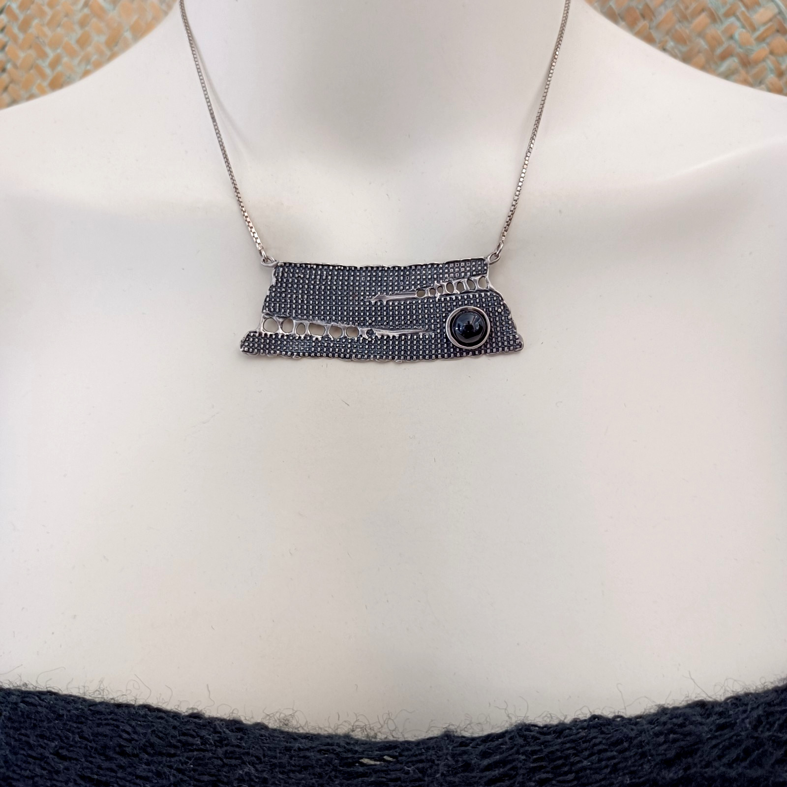 Modernist Silver Necklace Israel Artisan Onyx Abstract Expressive Studio Vintage