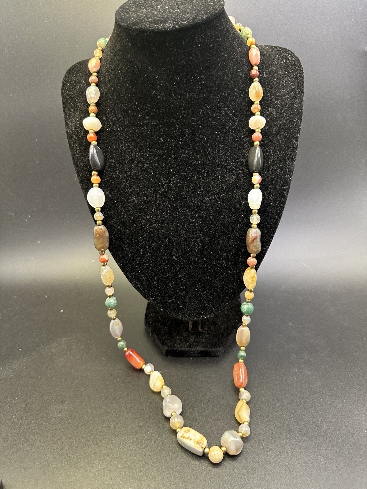 VTG Multi Gemstone Agate Brass Trade Necklace 34” Retro 70s 114g