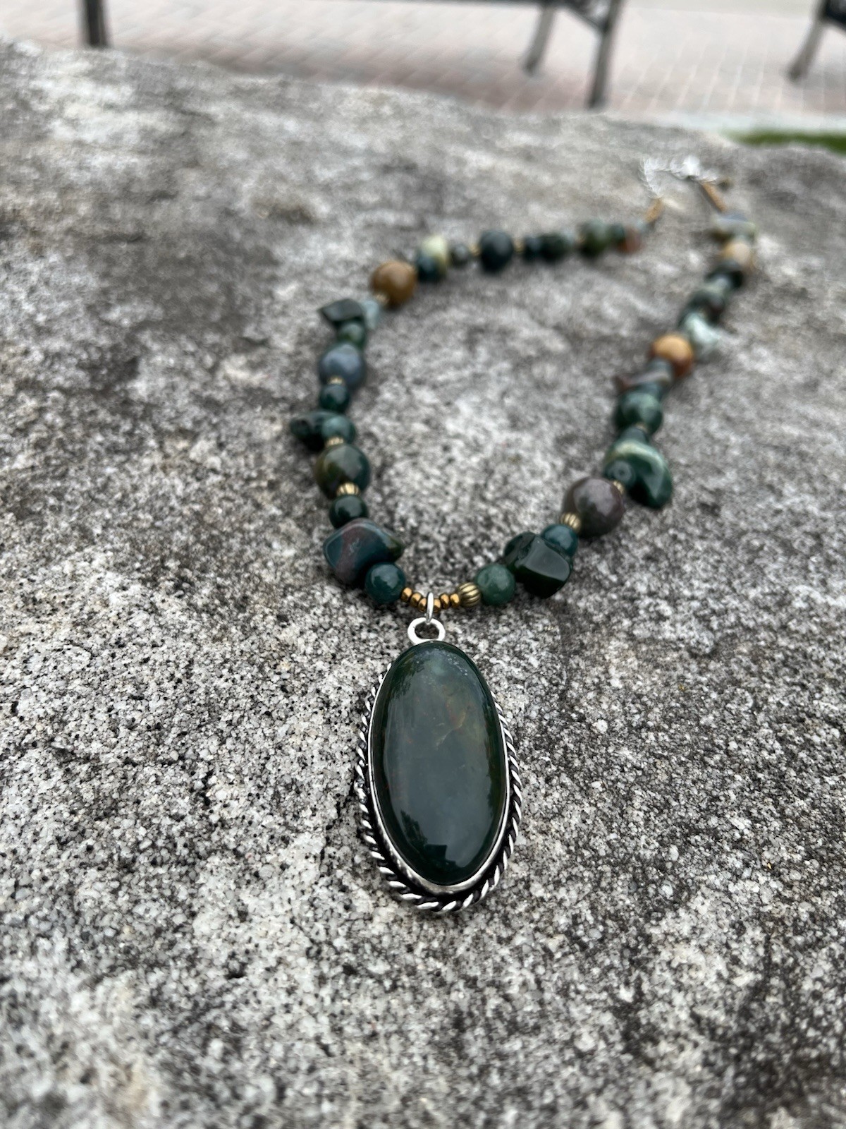 Genuine Agate Pendant Necklace 20” Fall Tones, Green Multicolor Antique Brass
