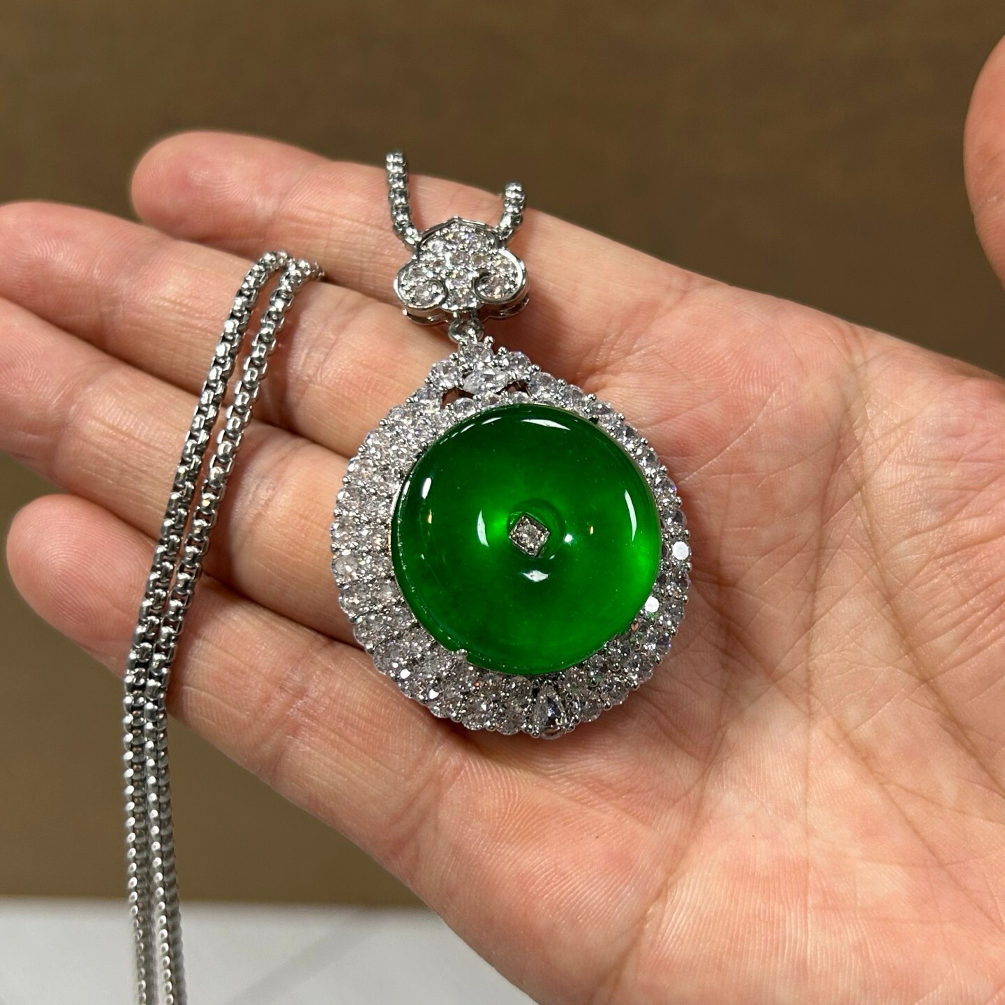 Certified Nature inlay ice Green Jade Jadeite carved safeness Pendant&Necklaces
