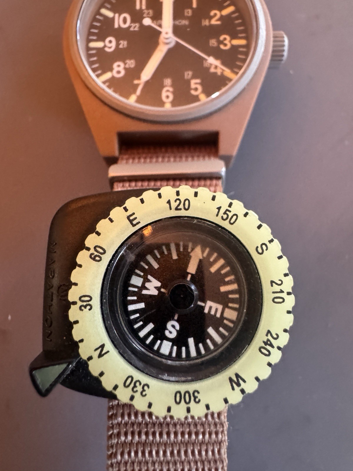 Marathon Quartz Military Field Watch Black Dial Brown Nylon Strap Compass Bezel