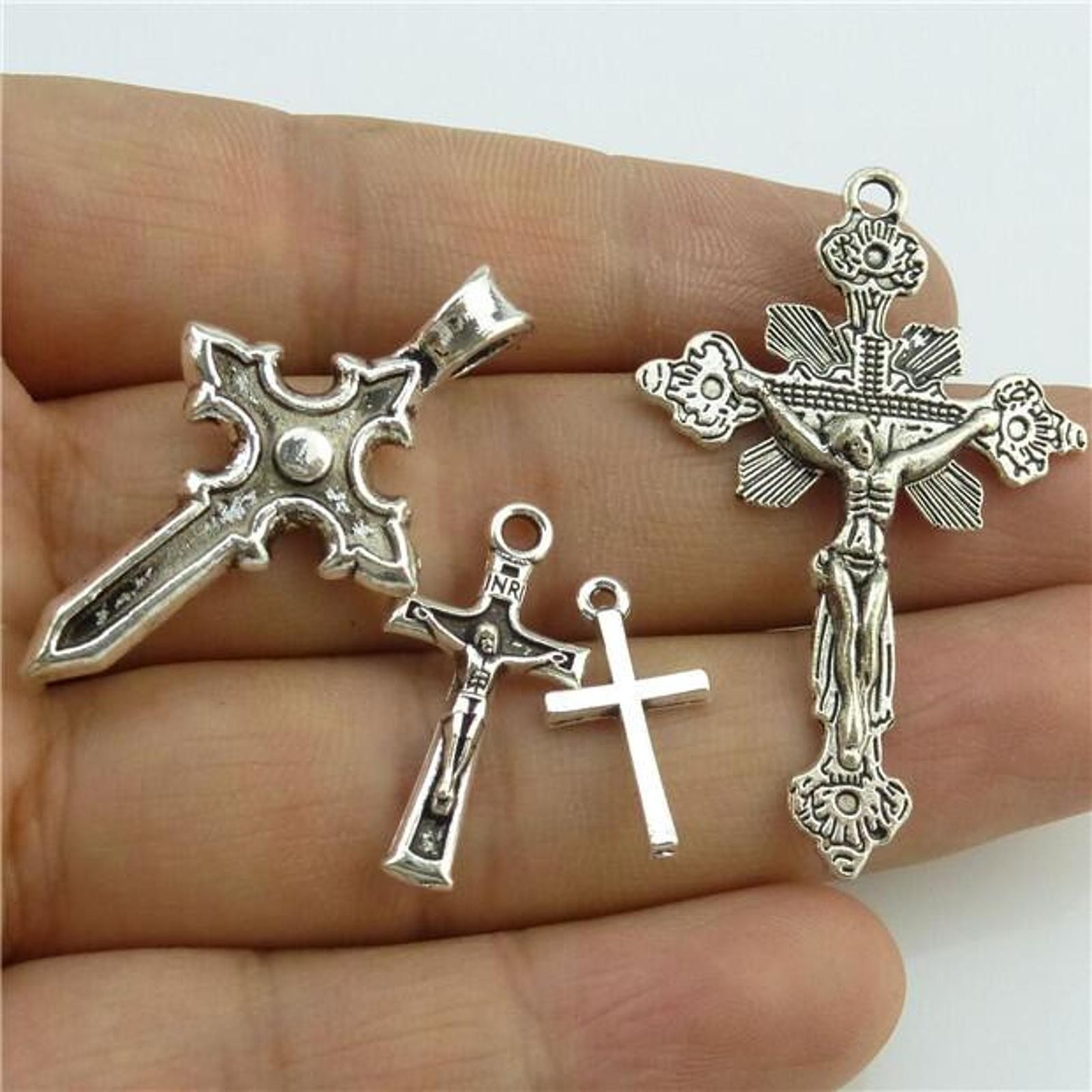 25* MIX Cross Pendant Vintage Antique Silver Tone Alloy Faith Religious Charm C
