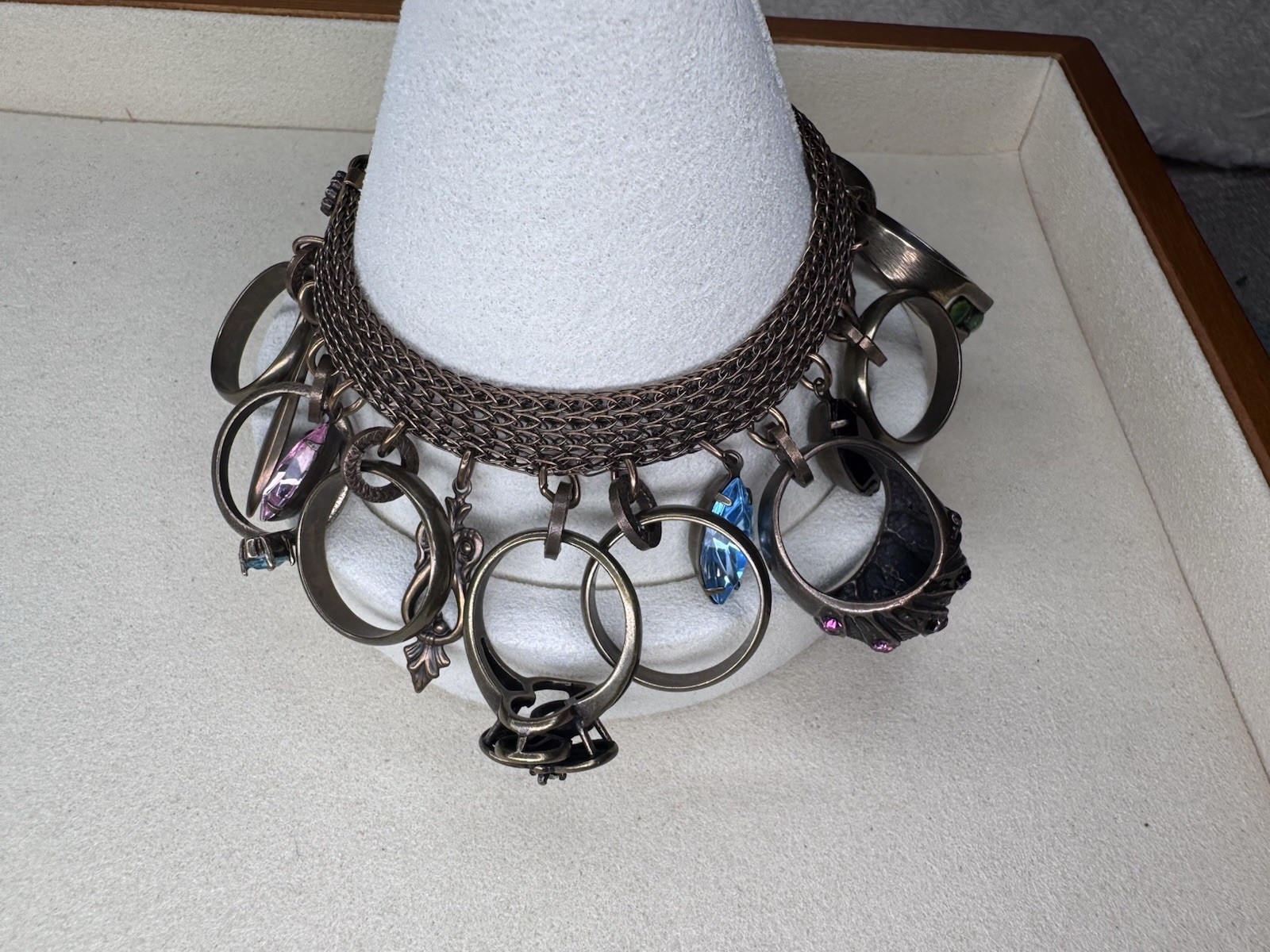 Vintage Ann Michaels Bronze Tone Charm Bracelet Multicolor Crystal Adjustable