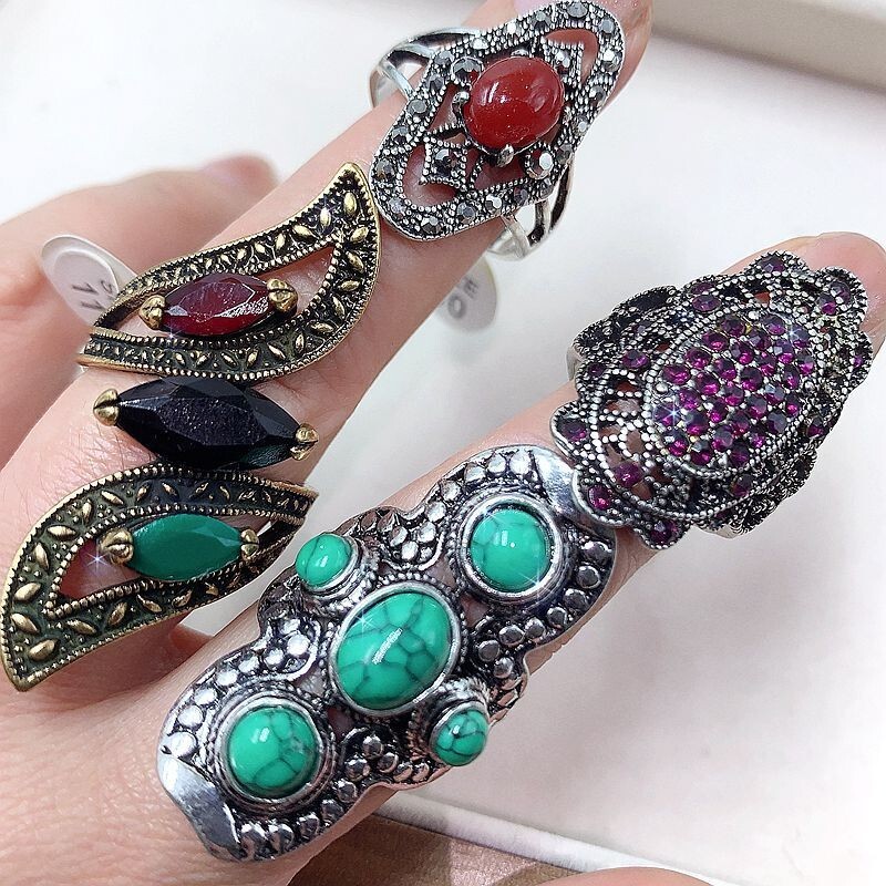 Wholesale 50pcs Lot Vintage Crystal Stone Mix Style Metal Jewelry Ring Men Women