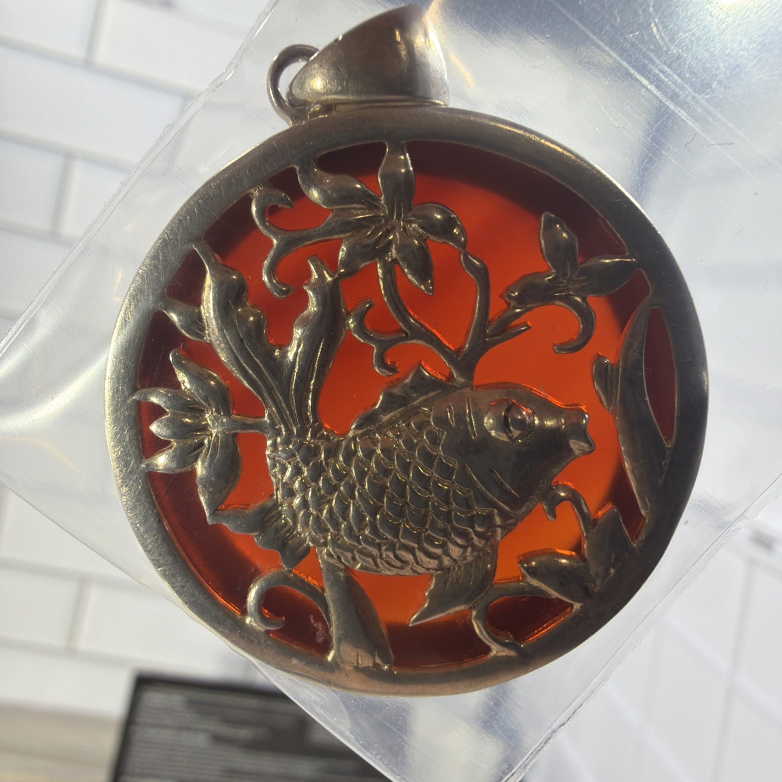 Vintage Sterling Silver Koi Fish Carnelian Pendant Round Filigree Medallion
