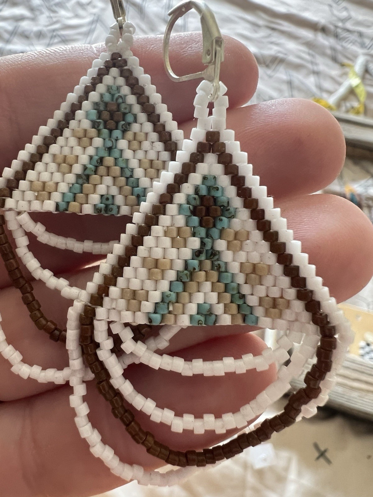 Beaded Geometric Dangle Earrings White Brown Blue Triangle Leverback Closure