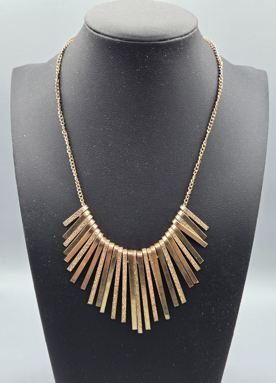 Multi Gold Tone Necklace Metal Sticks Fringes Fancy Bib 16 in with 3 in Extender
