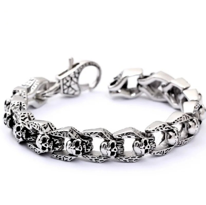 Men’s Vintage Silver Skull Chain Bracelet Heavy Punk Gothic