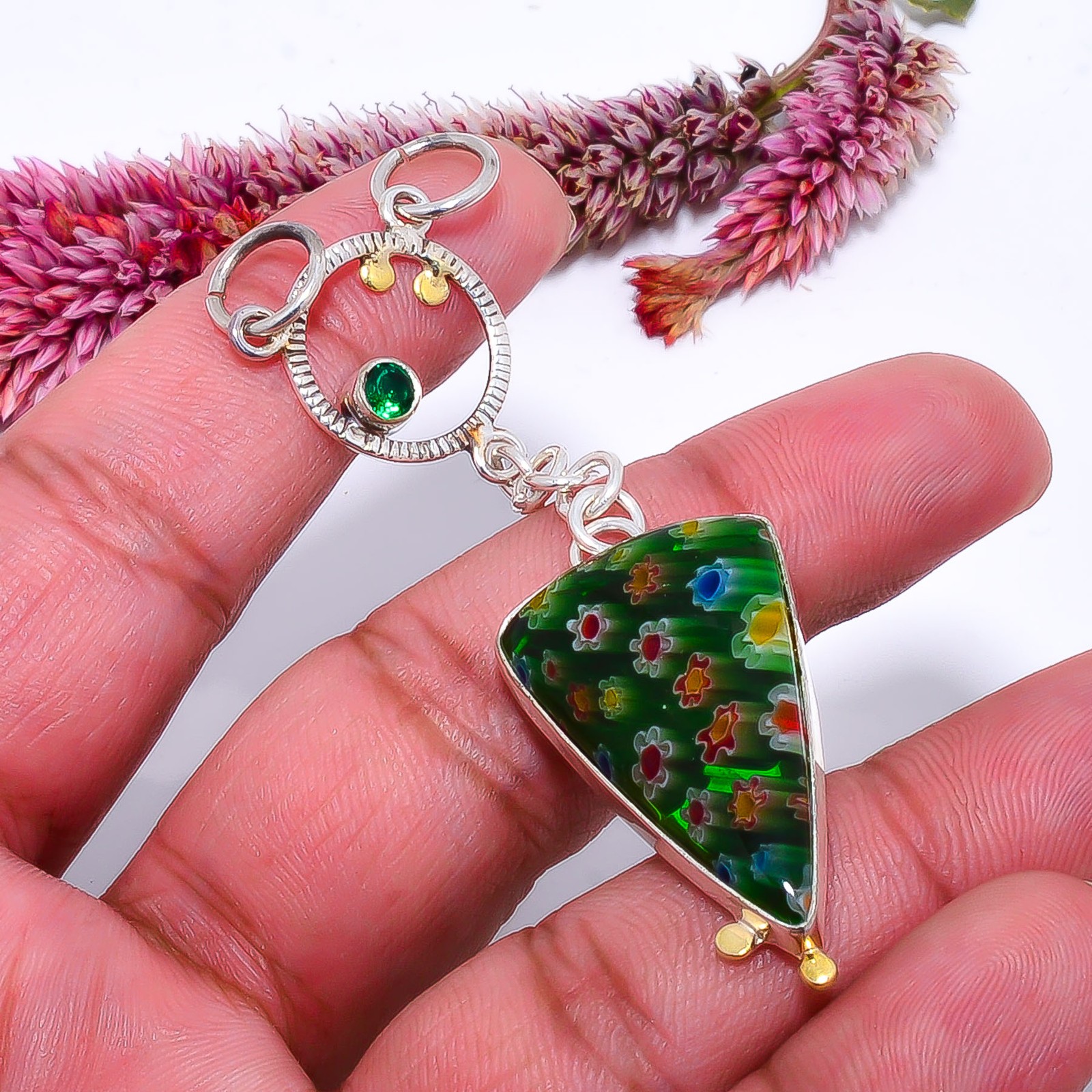 Greenmillefiori Murano Glass & Diopside 925 Silver Two Tone Pendant 2.93″ P1033