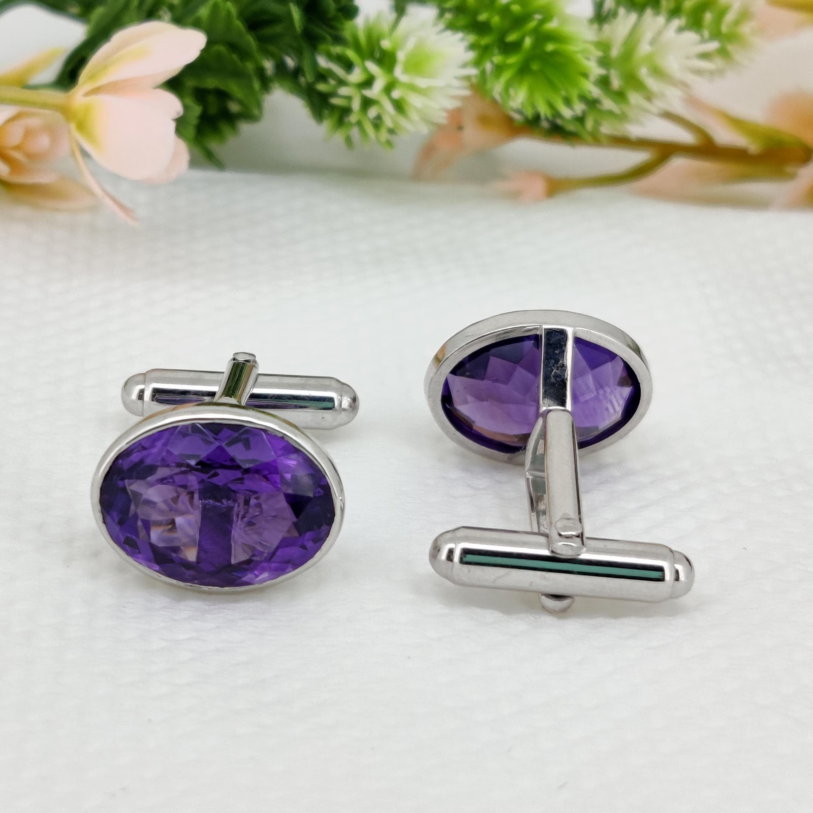 Natural Amethyst Silver Cuff Links for Men 12×16 mm Oval Gemstone Cuffs for him