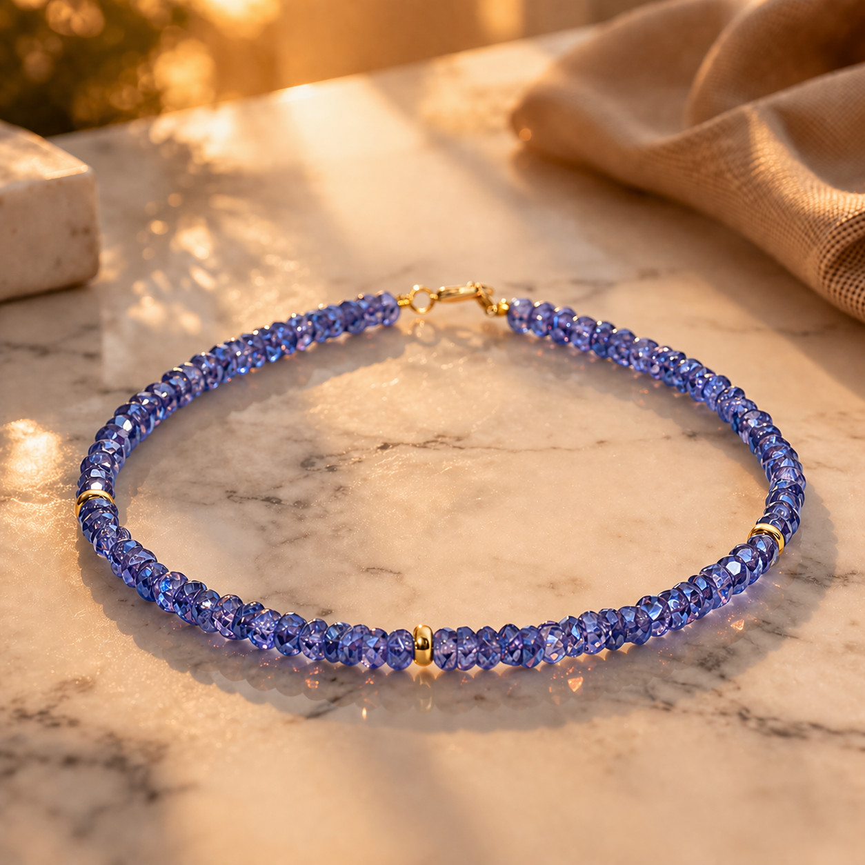 14K GOLD TANZANITE GEMSTONE 3 GOLD ROUNDEL STATION 7.5INCH BRACELET