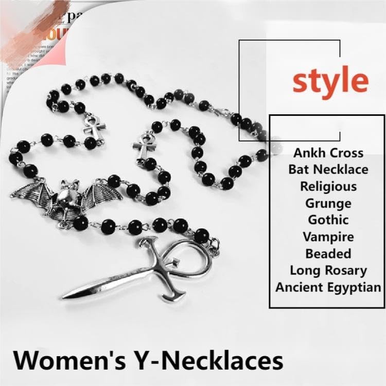 Ankh Cross Bat Necklace Religious Grunge Gothic Vampire Black Long Rosary…