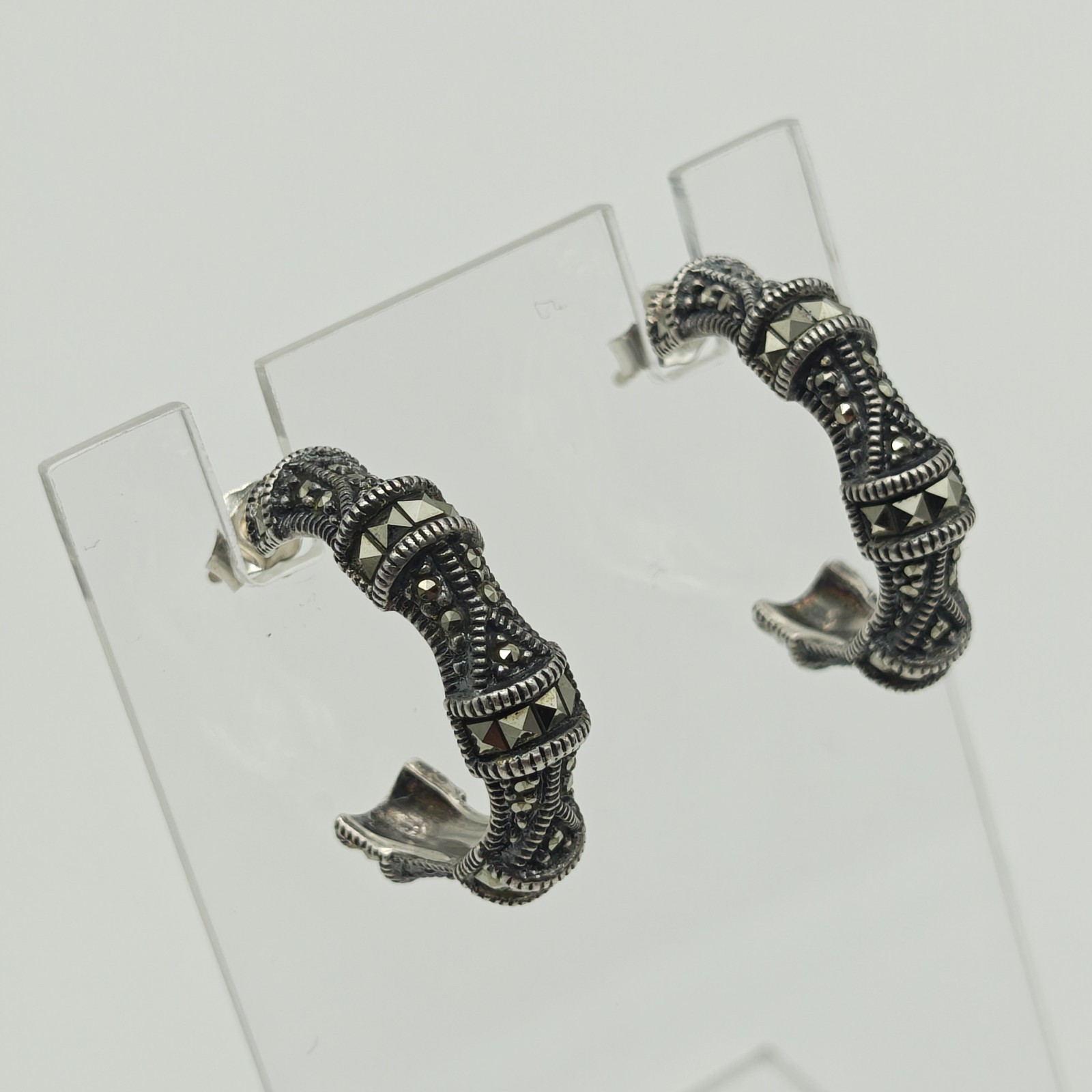 Vintage Judith Jack Sterling Silver 925 Marcasite Hoop Earrings