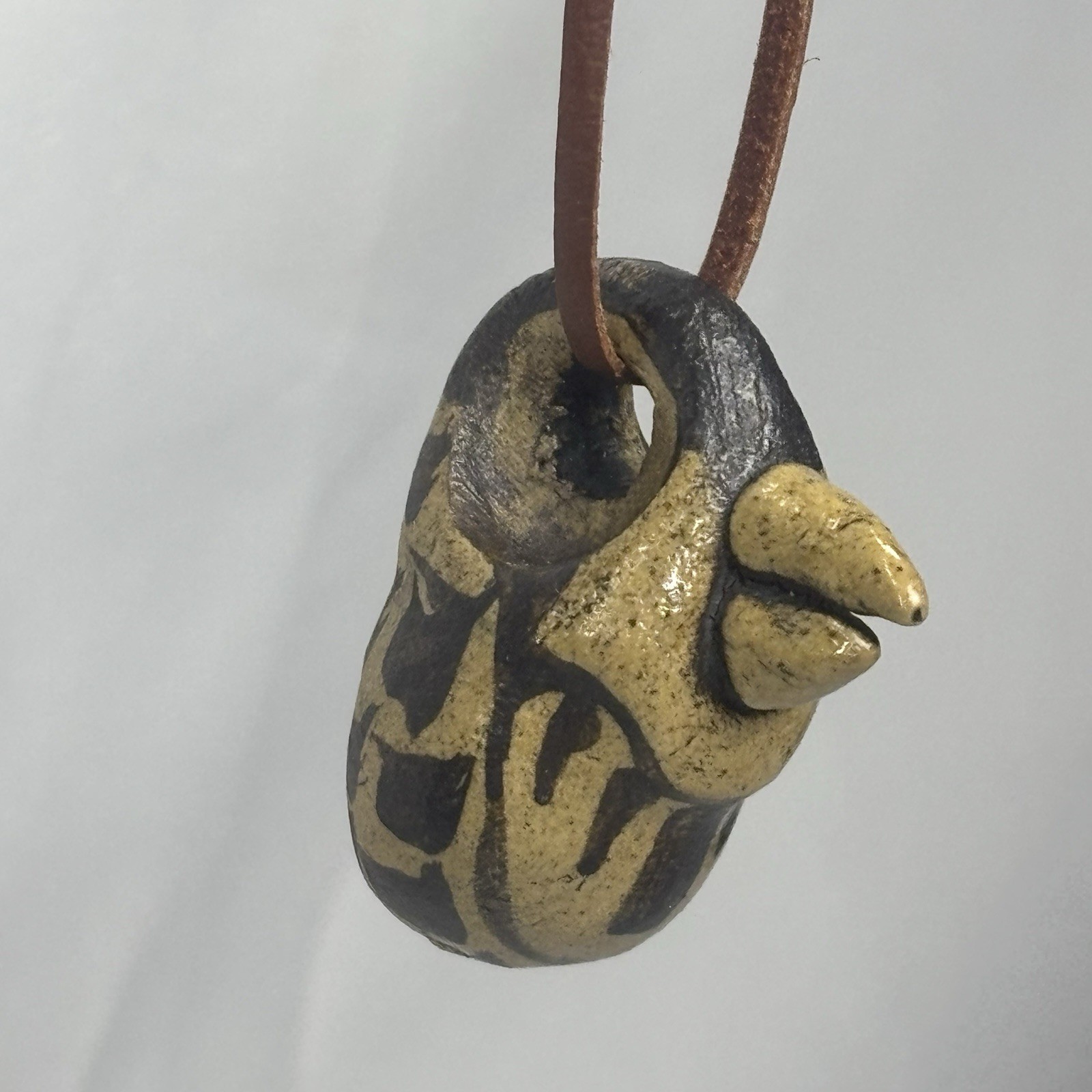 Vintage Ceramic Bird Pendant Necklace Leather Cord Unsigned Brown Stoneware MCM