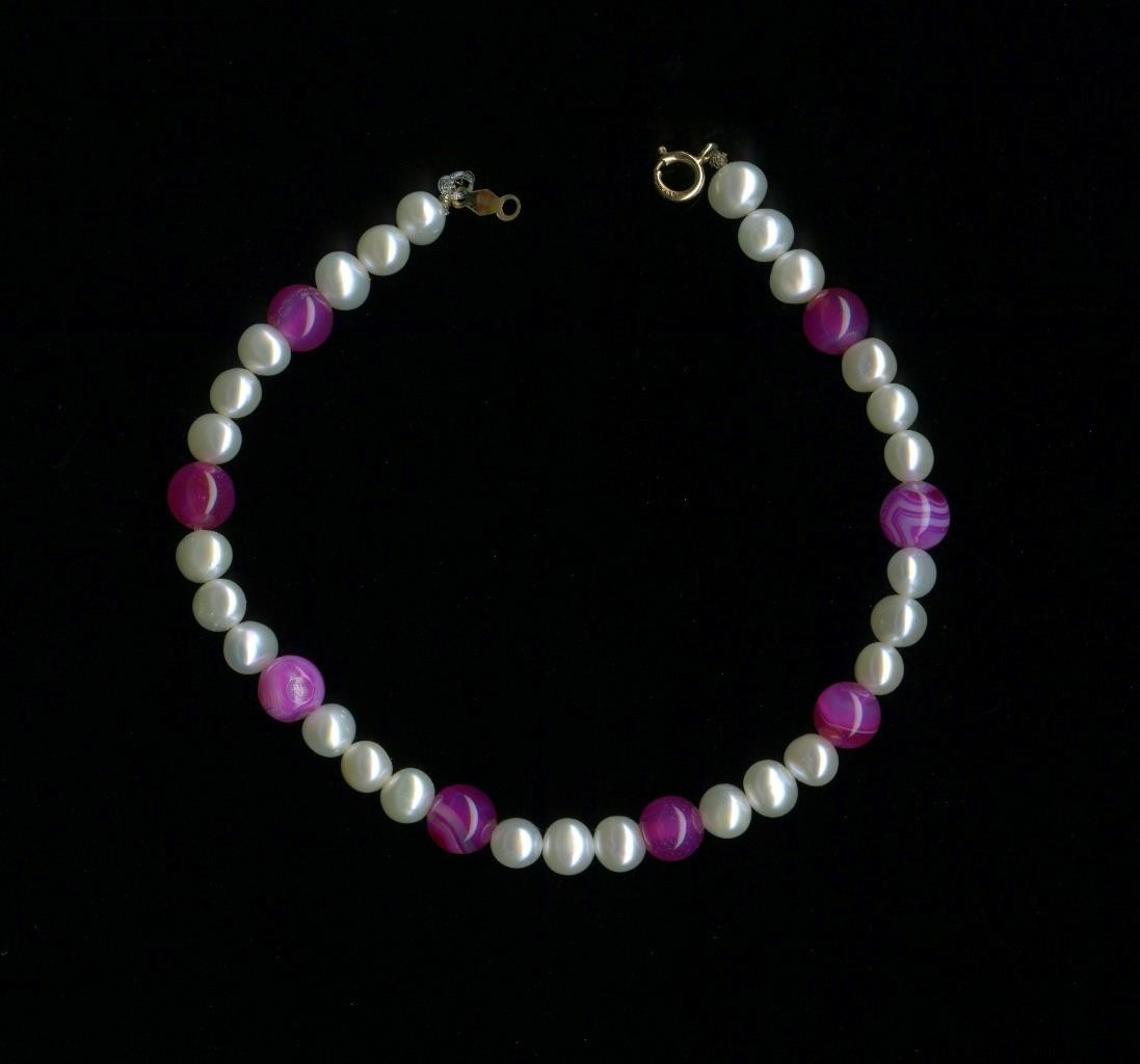 10K 7.36 Gram Solid Yellow Gold 7.5″ White Pearl & Pink Stone Bead Bracelet *MC