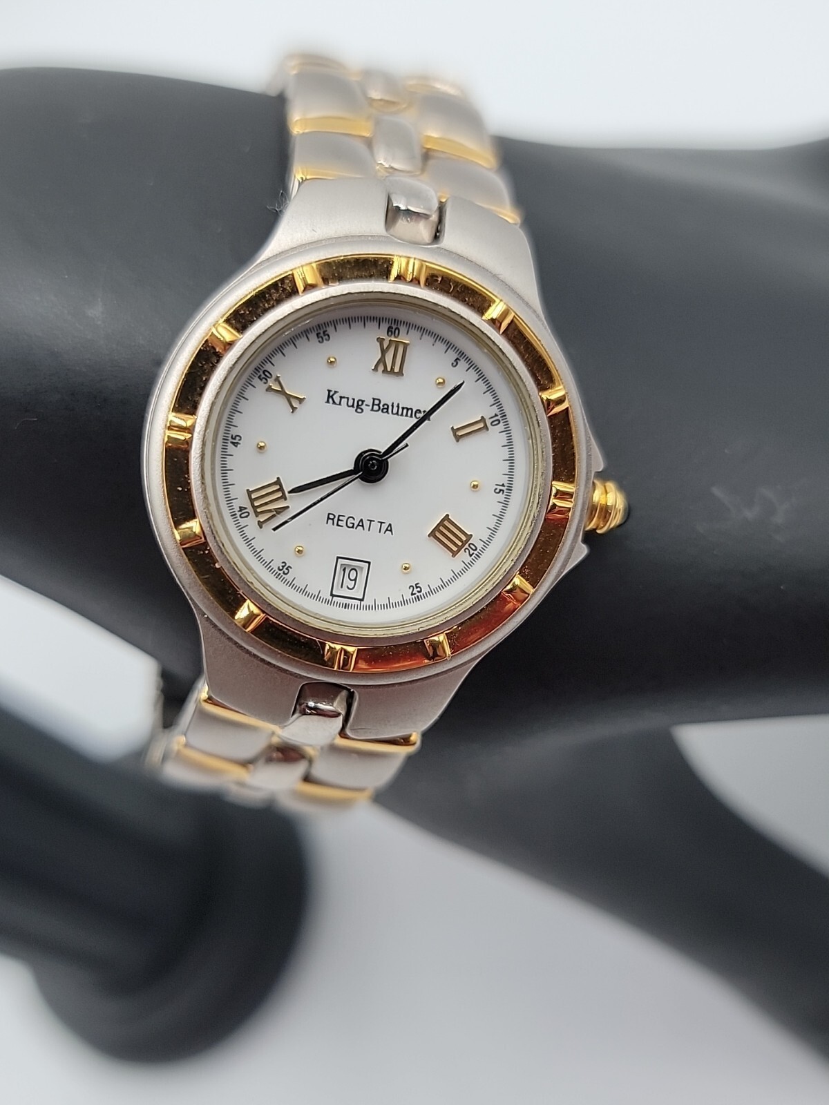Vtg Krug-Baümen Regatta Ladies Watch Two-Tone 18k Gold Plated Date Quartz 6.5″