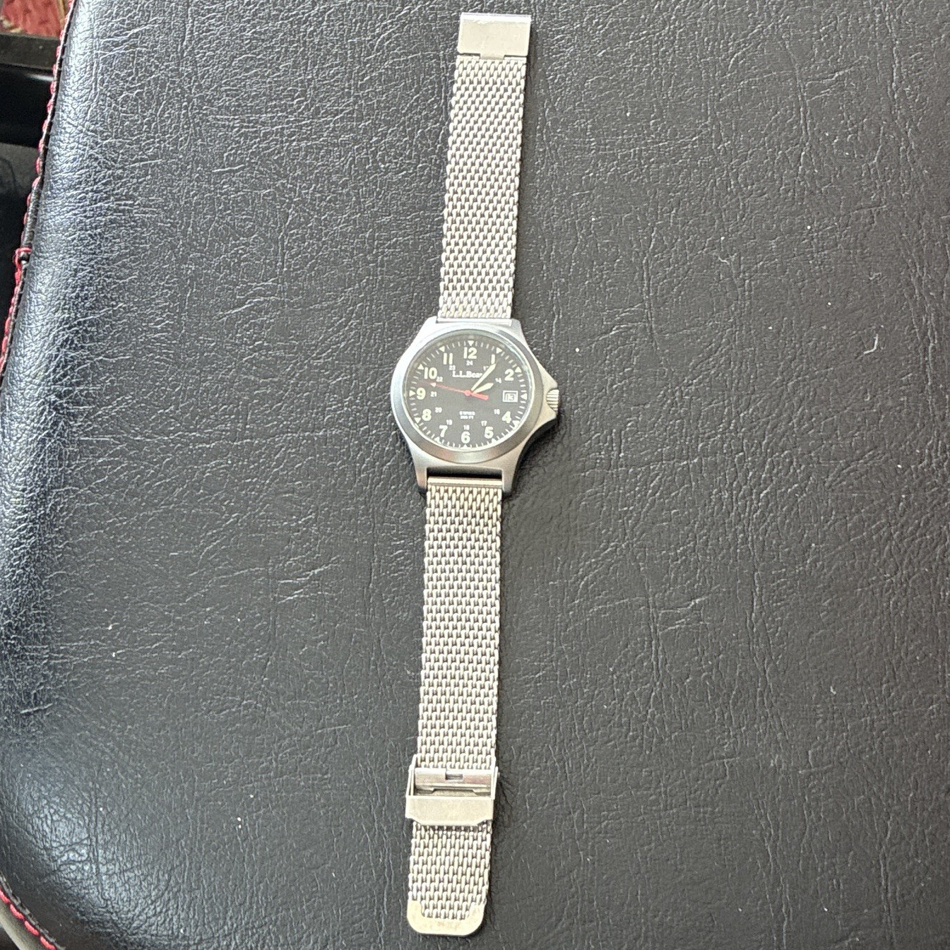 L.L.Bean Swiss Quartz Wristwatch Black Dial Date Silver Stainless Mesh 300ft