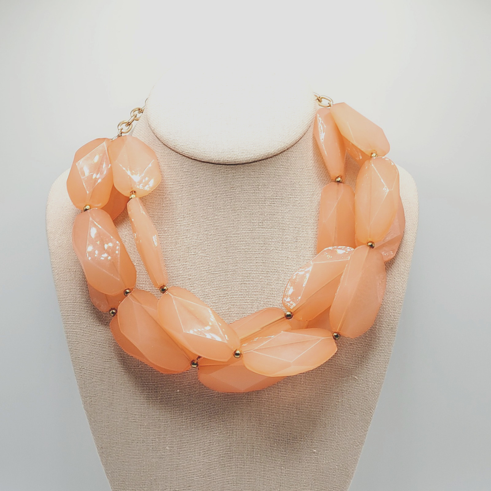 Glamourous Melon Peach Orange Shade Lucite Triple Strand Beaded Necklace 21 Inch