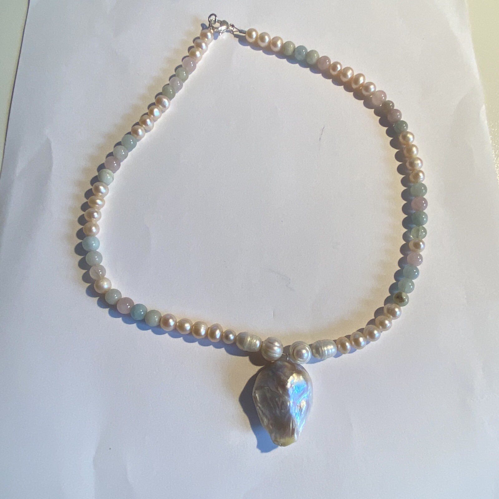 Freshwater Pearl Necklace with Big Pearl and Beryl and Rose Quartz