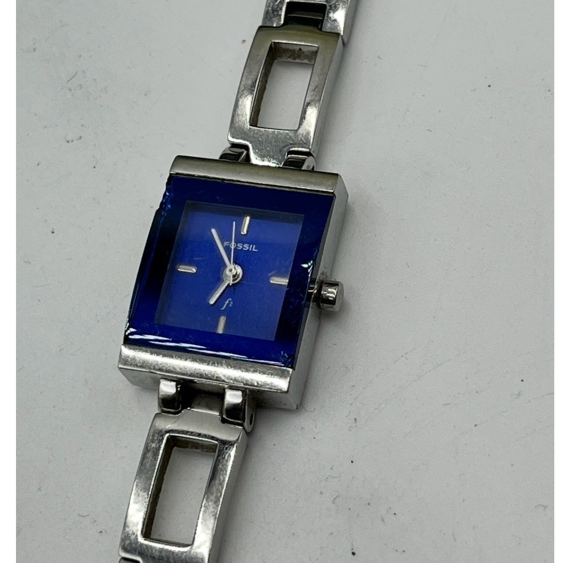 Fossil F2 ES-9389 Timepiece Square Navy Blue Stainless Steel Watch new Battery *