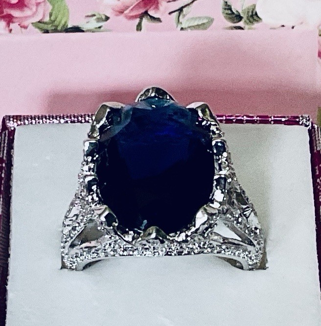 BLUE SAPPHIRE RING – 18X13mm Or 14.2ctw – TOTALLY ENCRUSTED .925 SS SETTING !!!